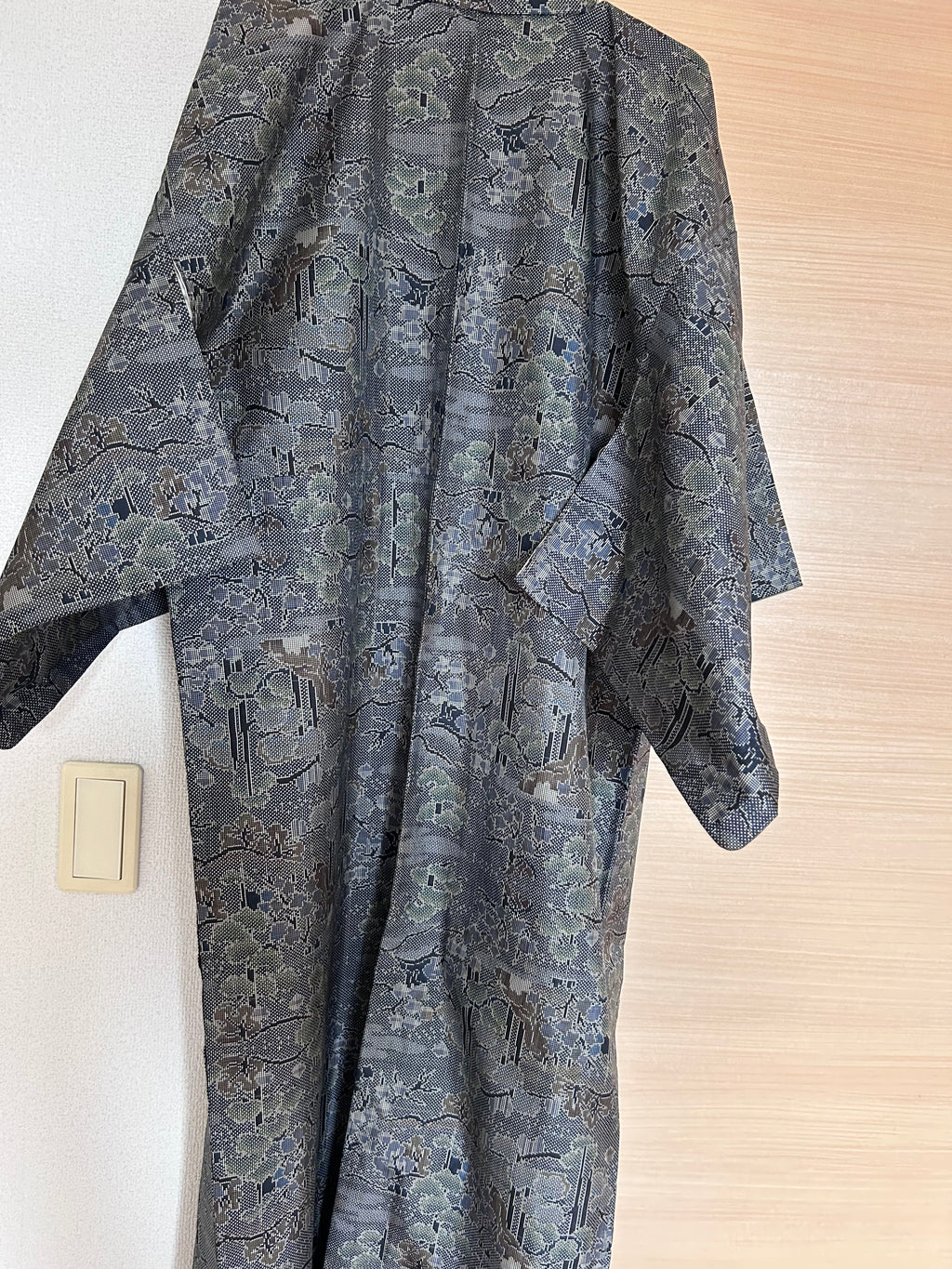 Vintage Japanese Haori Jacket in Charcoal Gray with Traditional Woven Floral & Geometric Pattern