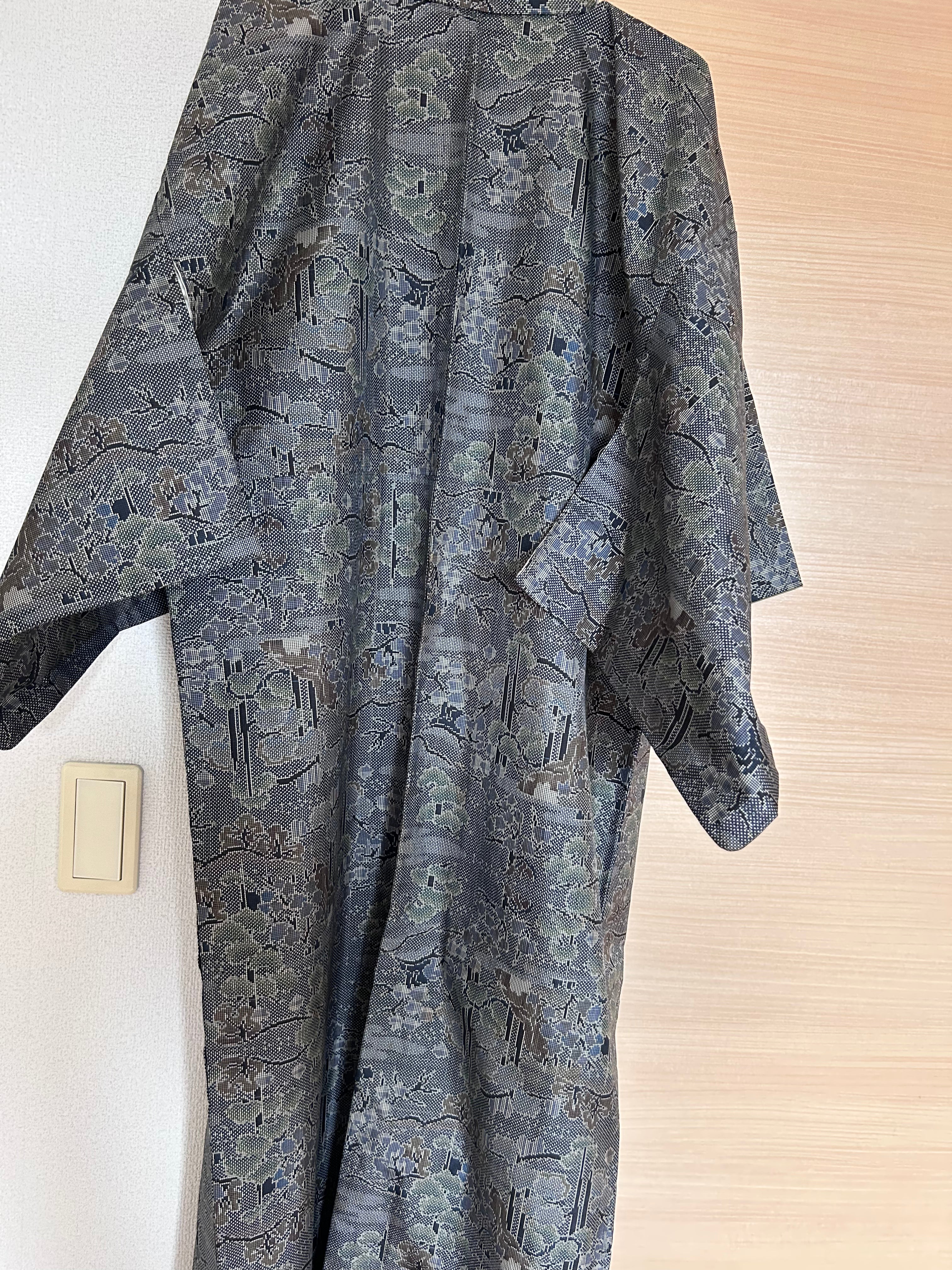 Vintage Japanese Haori Jacket in Charcoal Gray with Traditional Woven Floral & Geometric Pattern