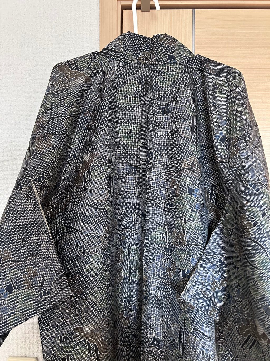Vintage Japanese Haori Jacket in Charcoal Gray with Traditional Woven Floral & Geometric Pattern