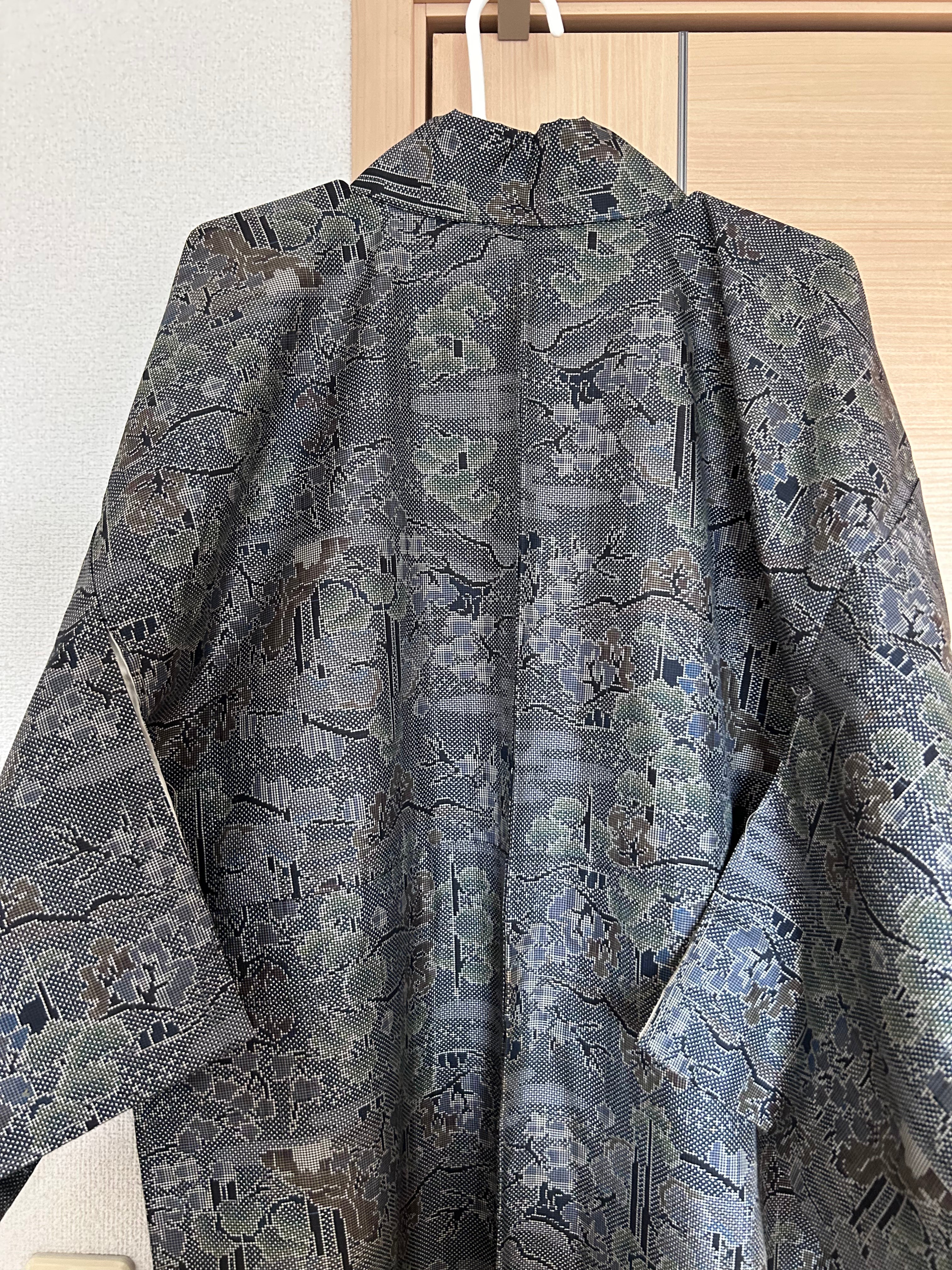 Vintage Japanese Haori Jacket in Charcoal Gray with Traditional Woven Floral & Geometric Pattern
