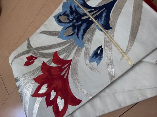 Vintage Japanese Fukuro Obi Belt – Silver Brocade with Bold Red & Blue Lily Floral Design