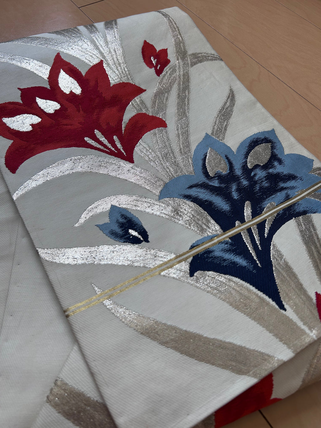 Vintage Japanese Fukuro Obi Belt – Silver Brocade with Bold Red & Blue Lily Floral Design