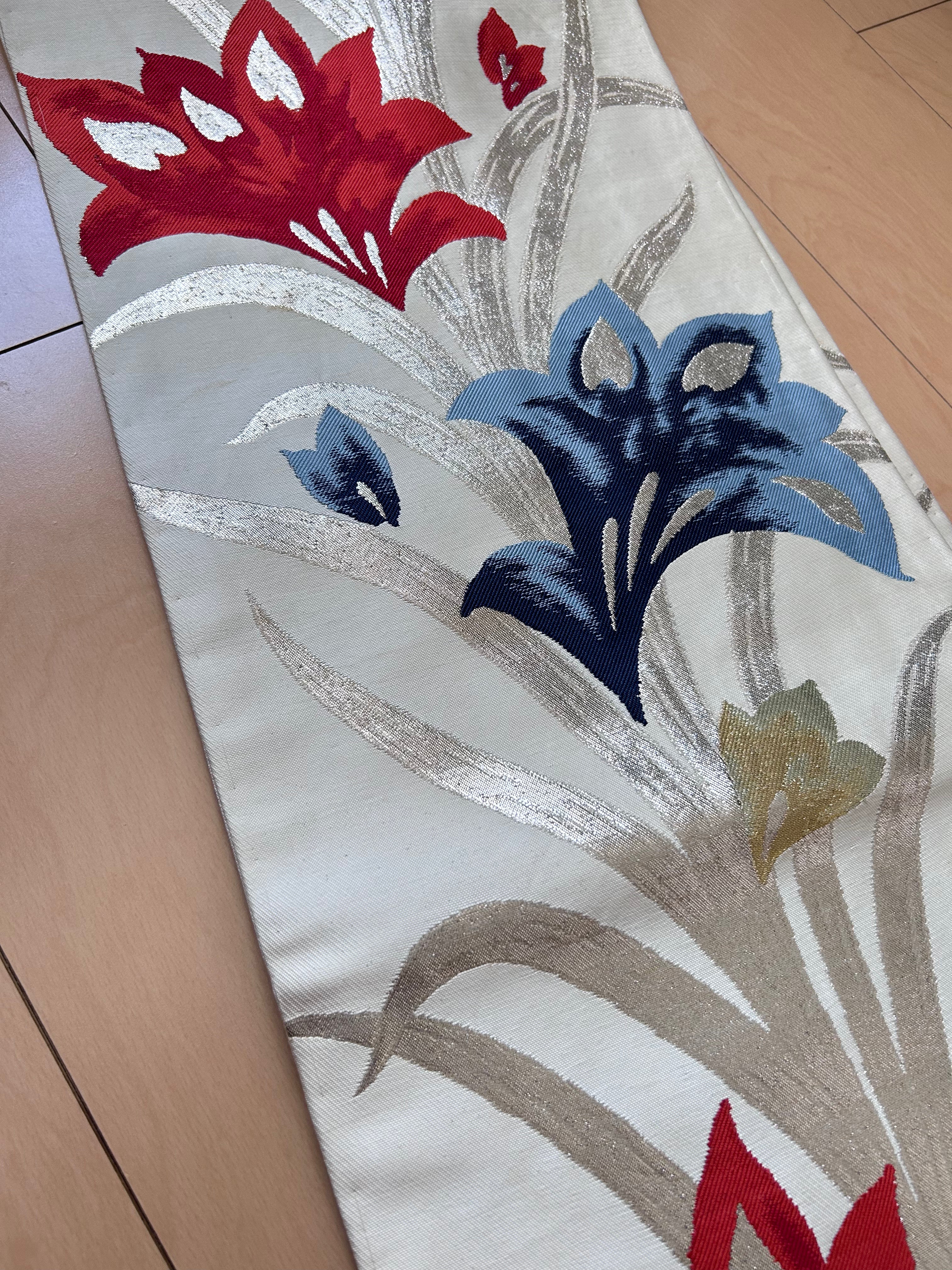 Vintage Japanese Fukuro Obi Belt – Silver Brocade with Bold Red & Blue Lily Floral Design