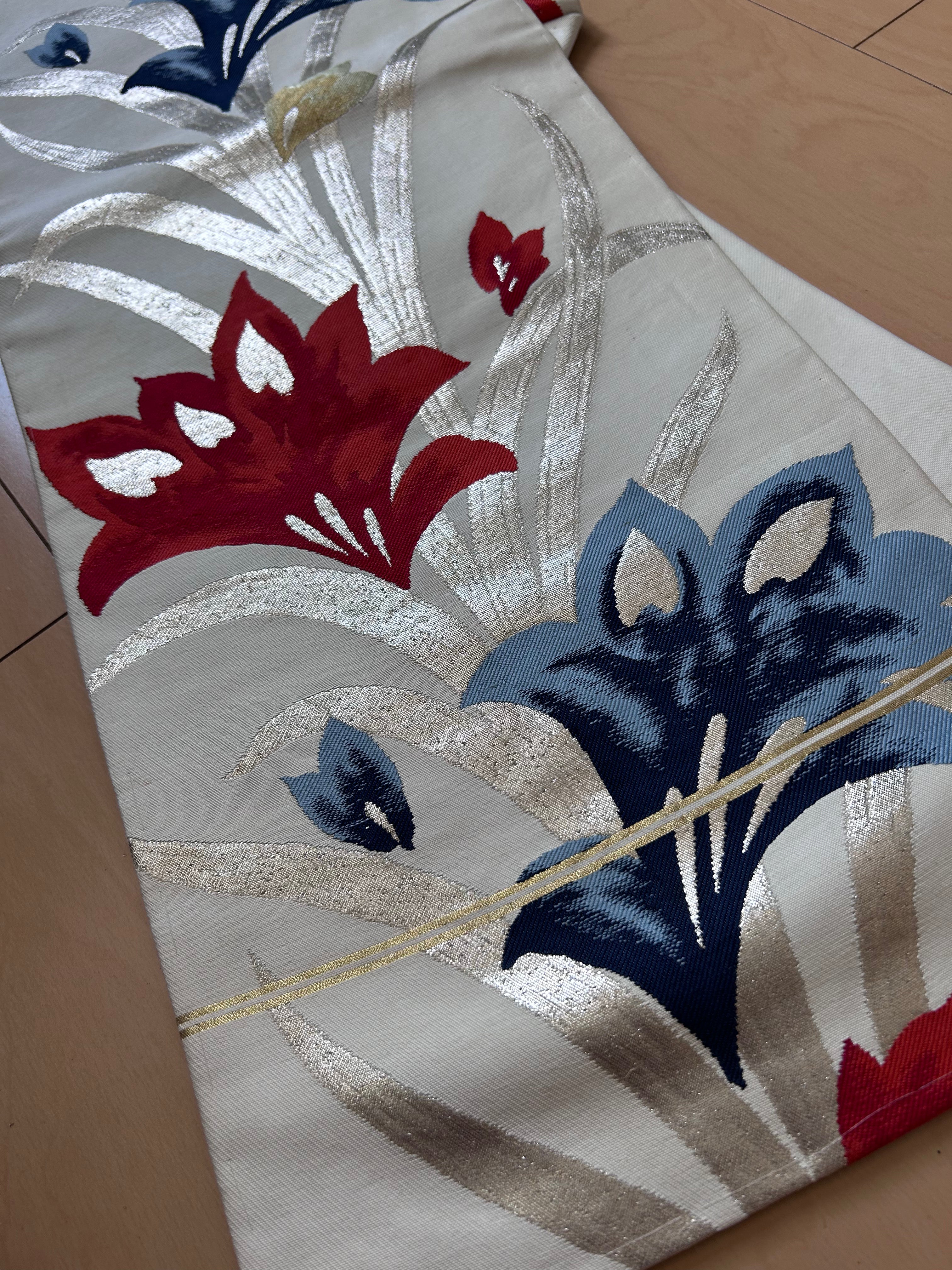 Vintage Japanese Fukuro Obi Belt – Silver Brocade with Bold Red & Blue Lily Floral Design