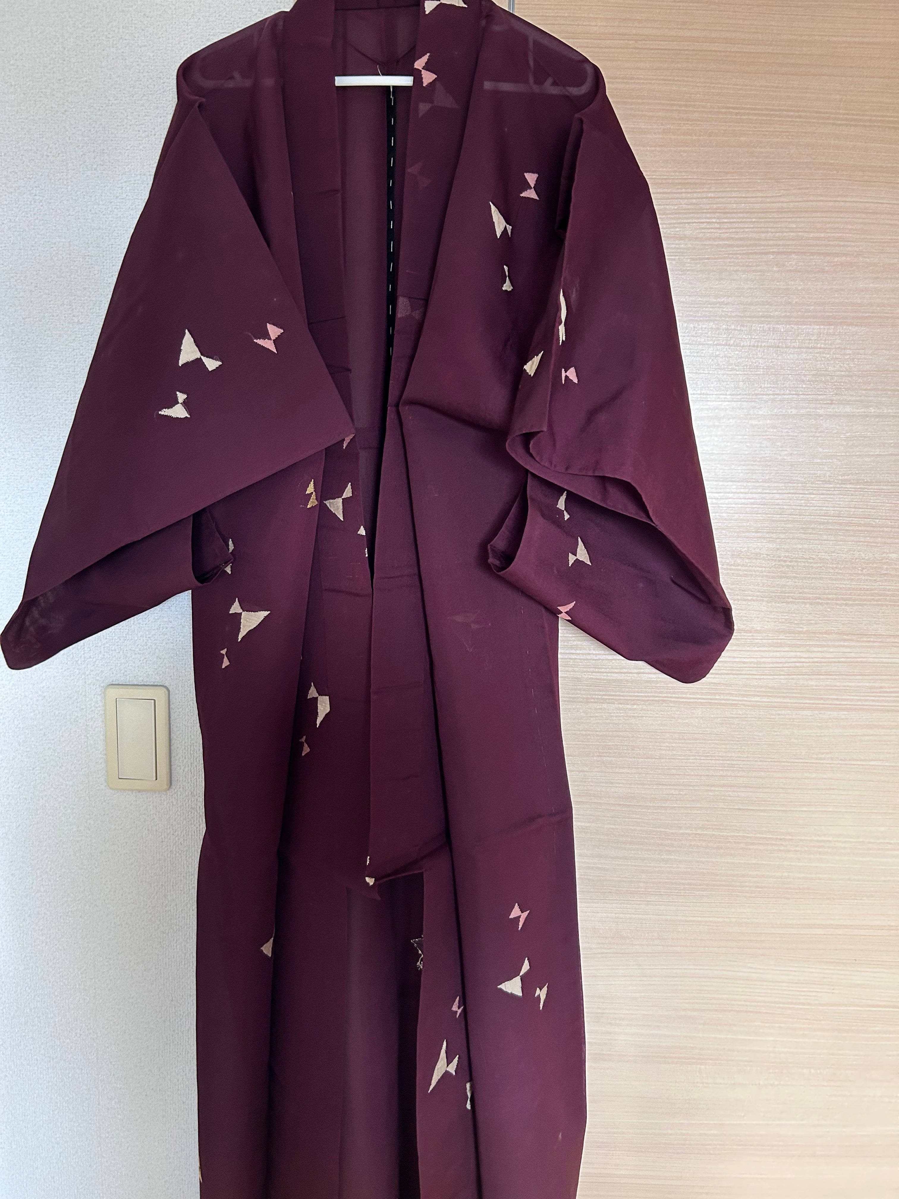 Vintage Japanese Sheer Ro Haori Jacket – Deep Burgundy with Delicate Butterfly Motif