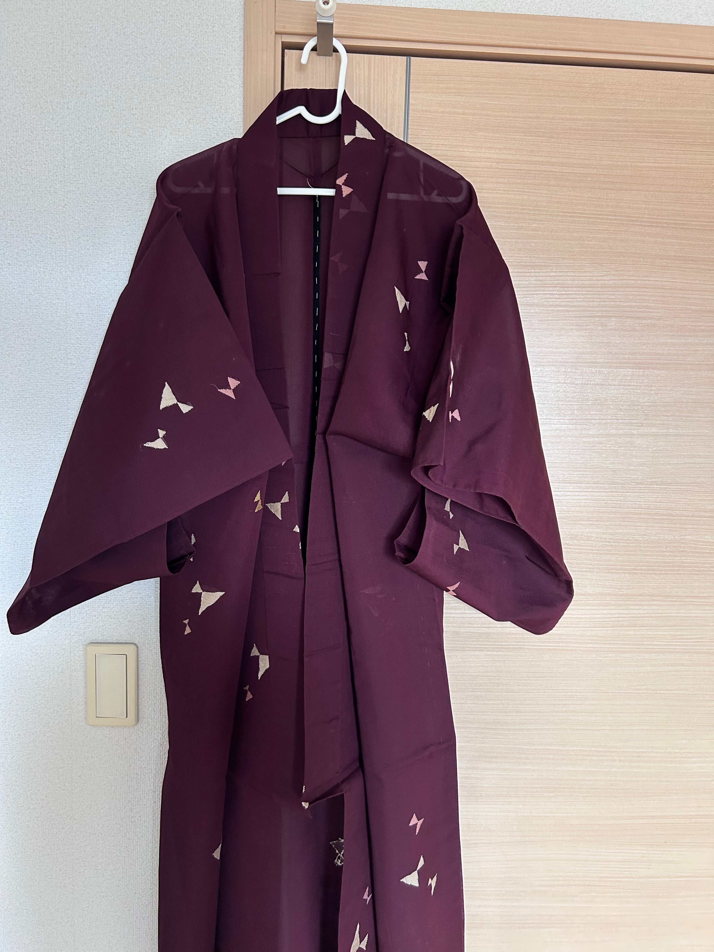 Vintage Japanese Sheer Ro Haori Jacket – Deep Burgundy with Delicate Butterfly Motif