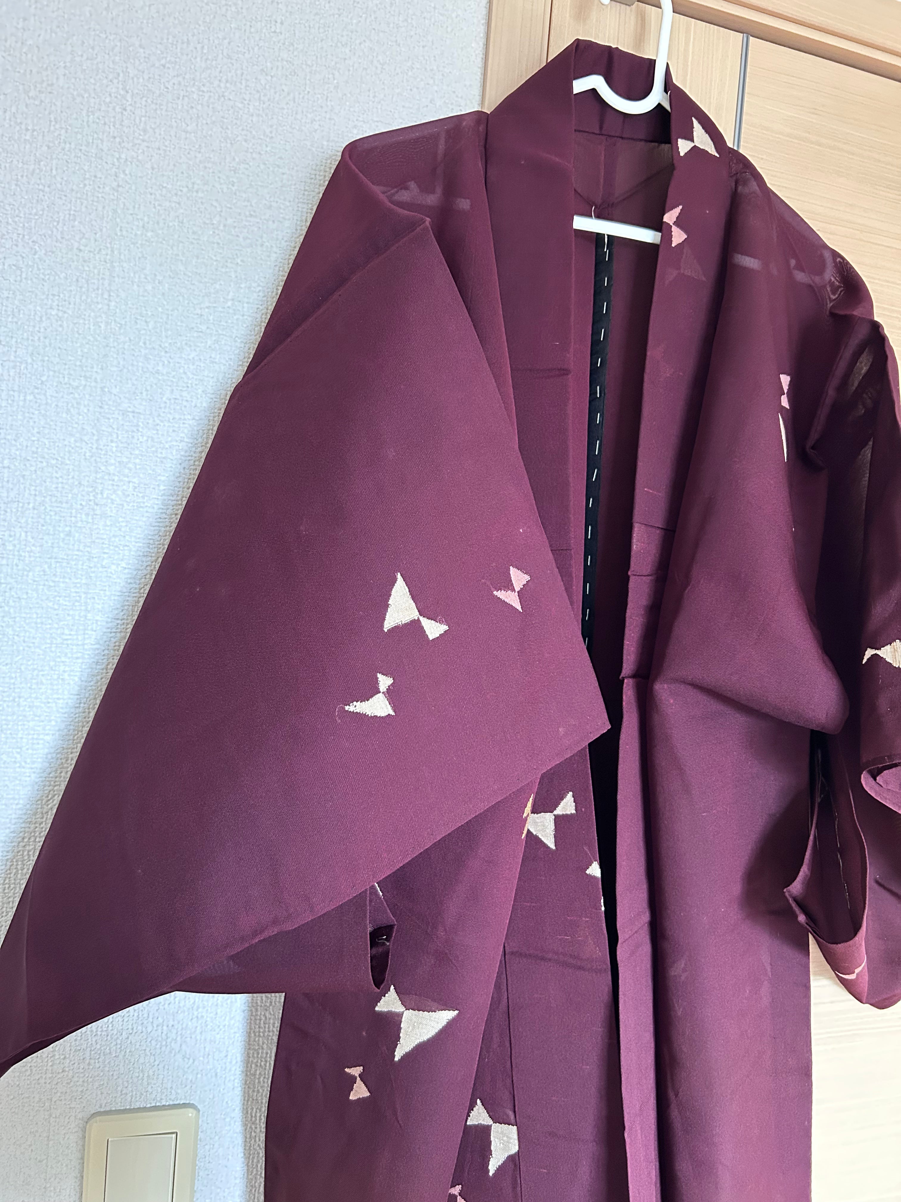 Vintage Japanese Sheer Ro Haori Jacket – Deep Burgundy with Delicate Butterfly Motif