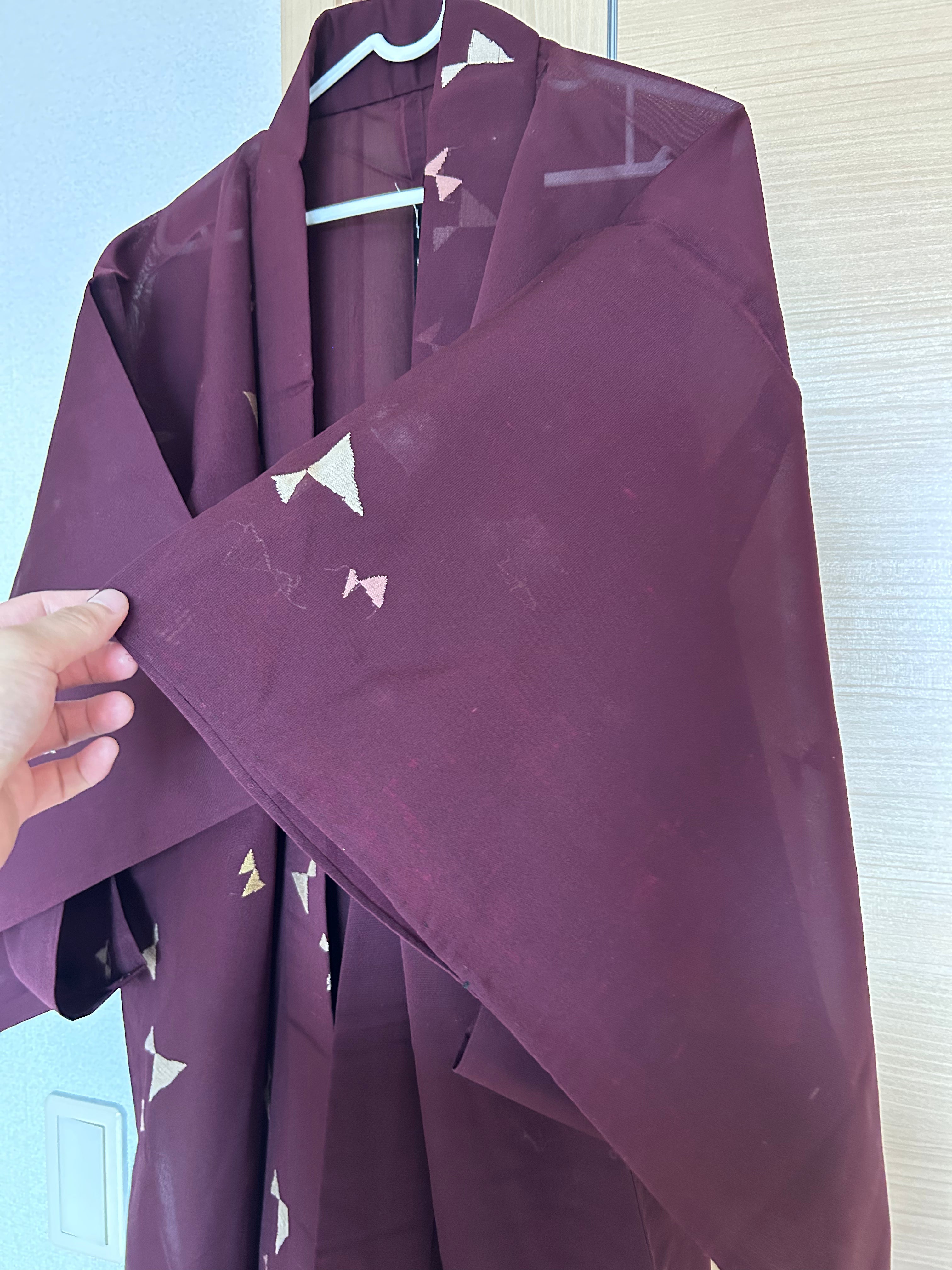 Vintage Japanese Sheer Ro Haori Jacket – Deep Burgundy with Delicate Butterfly Motif