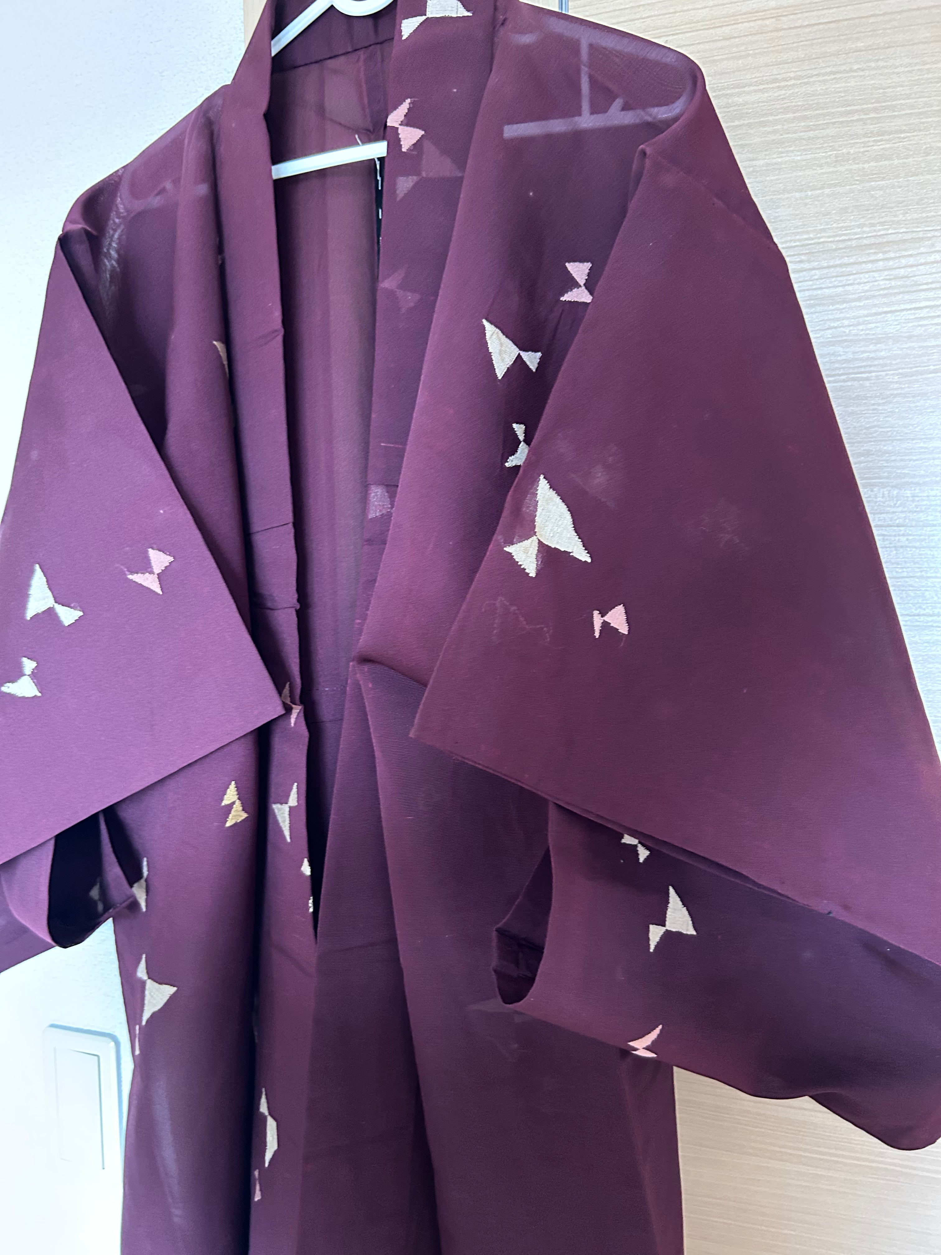 Vintage Japanese Sheer Ro Haori Jacket – Deep Burgundy with Delicate Butterfly Motif