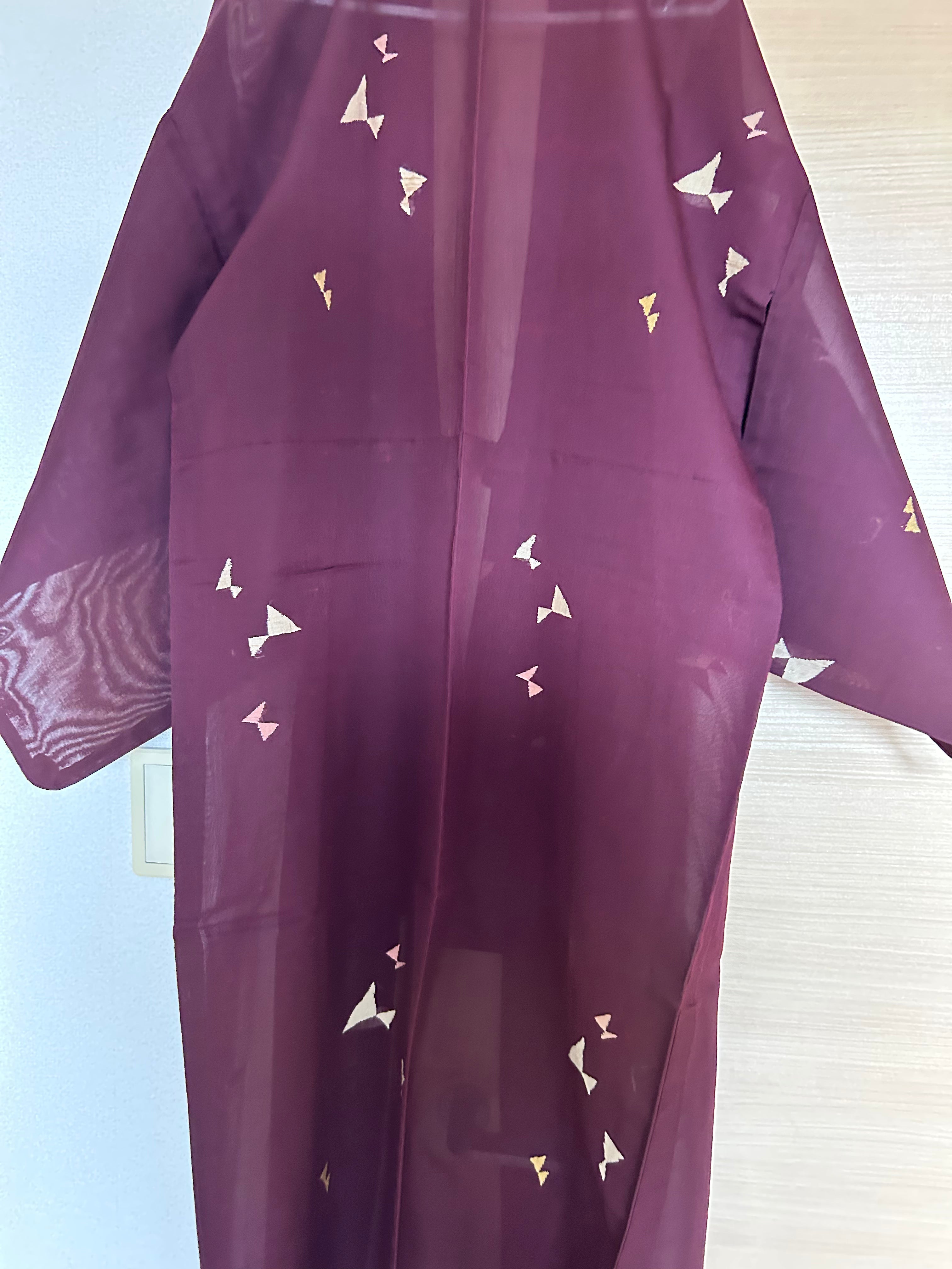 Vintage Japanese Sheer Ro Haori Jacket – Deep Burgundy with Delicate Butterfly Motif