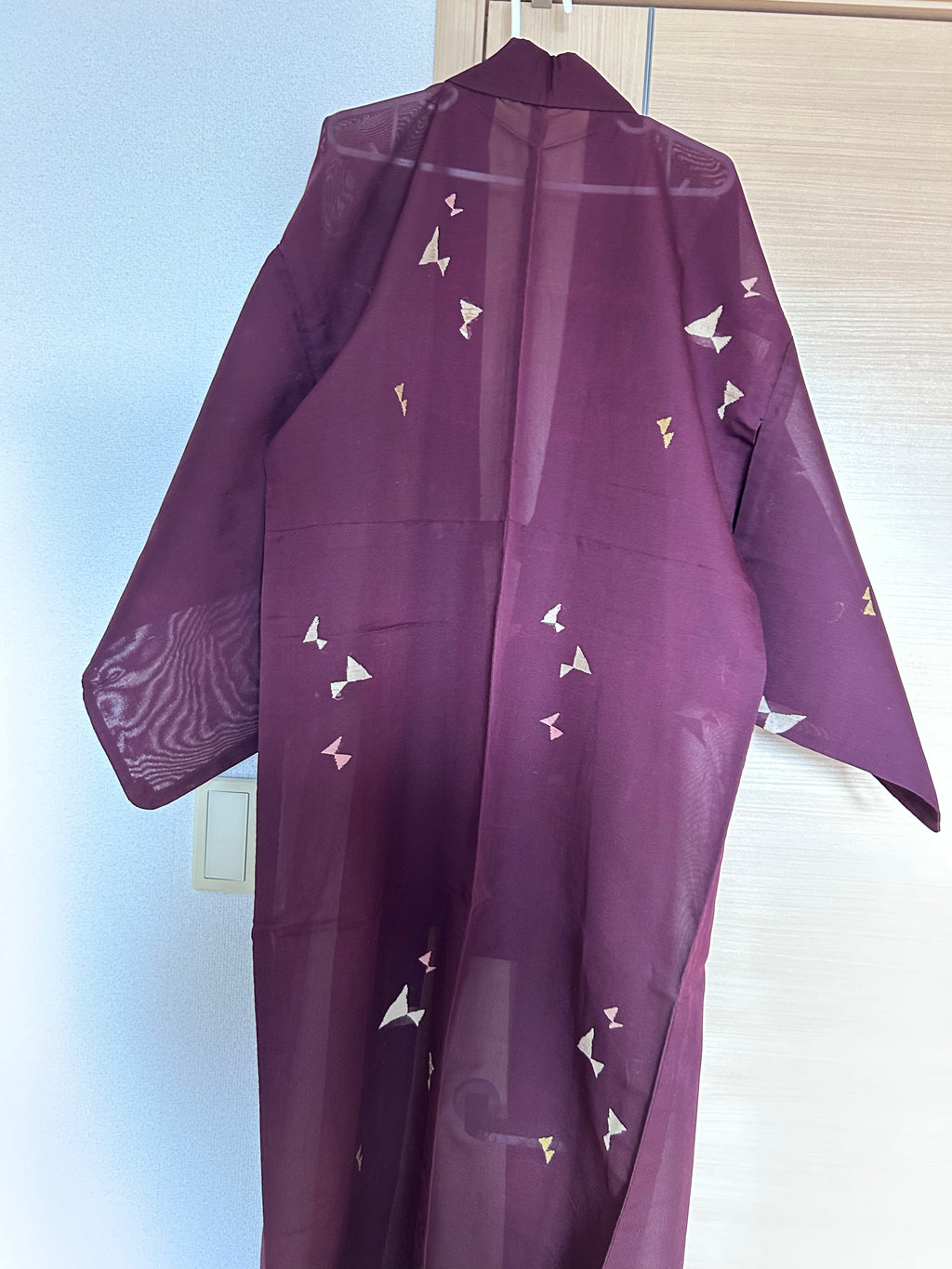 Vintage Japanese Sheer Ro Haori Jacket – Deep Burgundy with Delicate Butterfly Motif