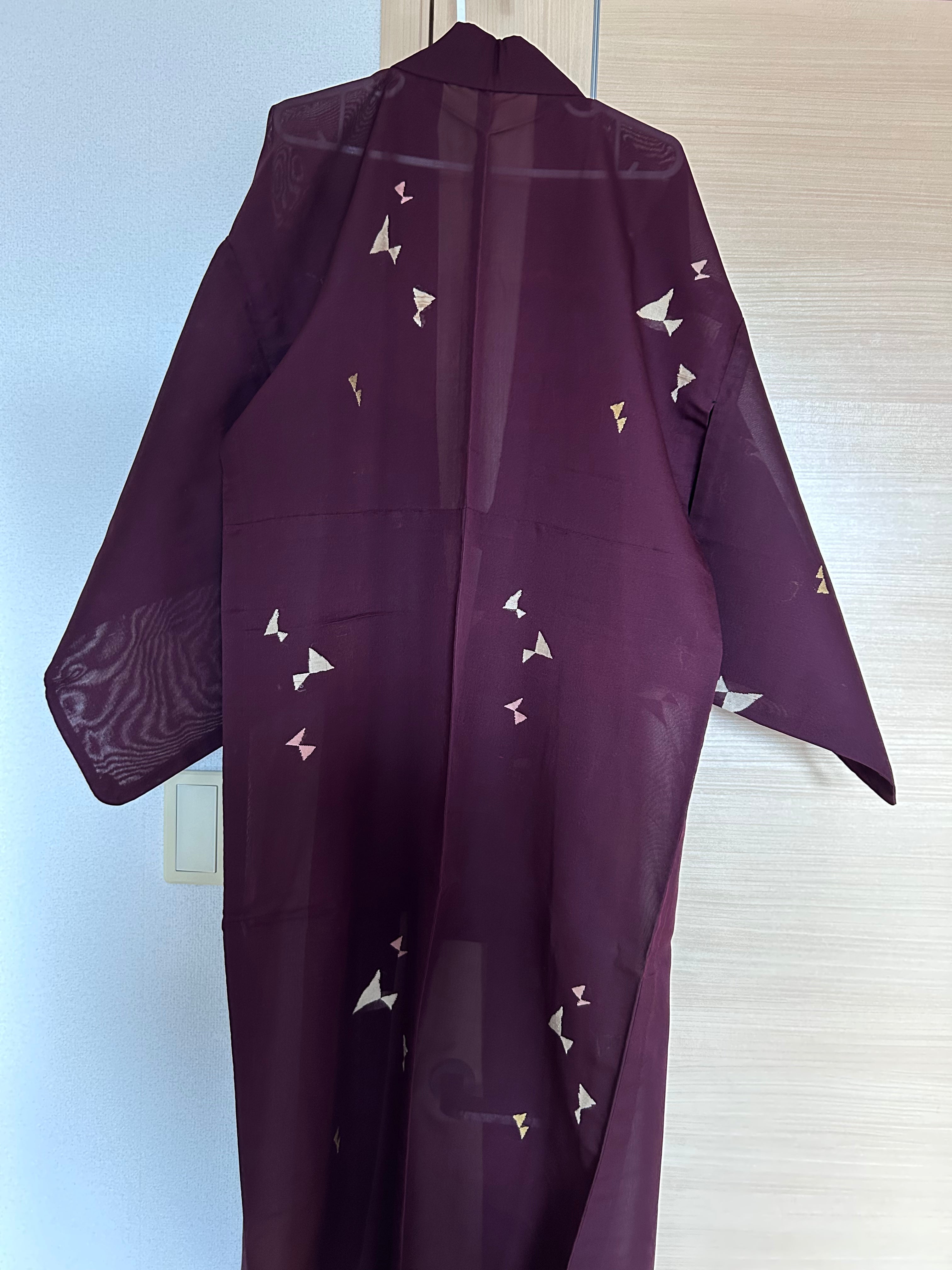 Vintage Japanese Sheer Ro Haori Jacket – Deep Burgundy with Delicate Butterfly Motif