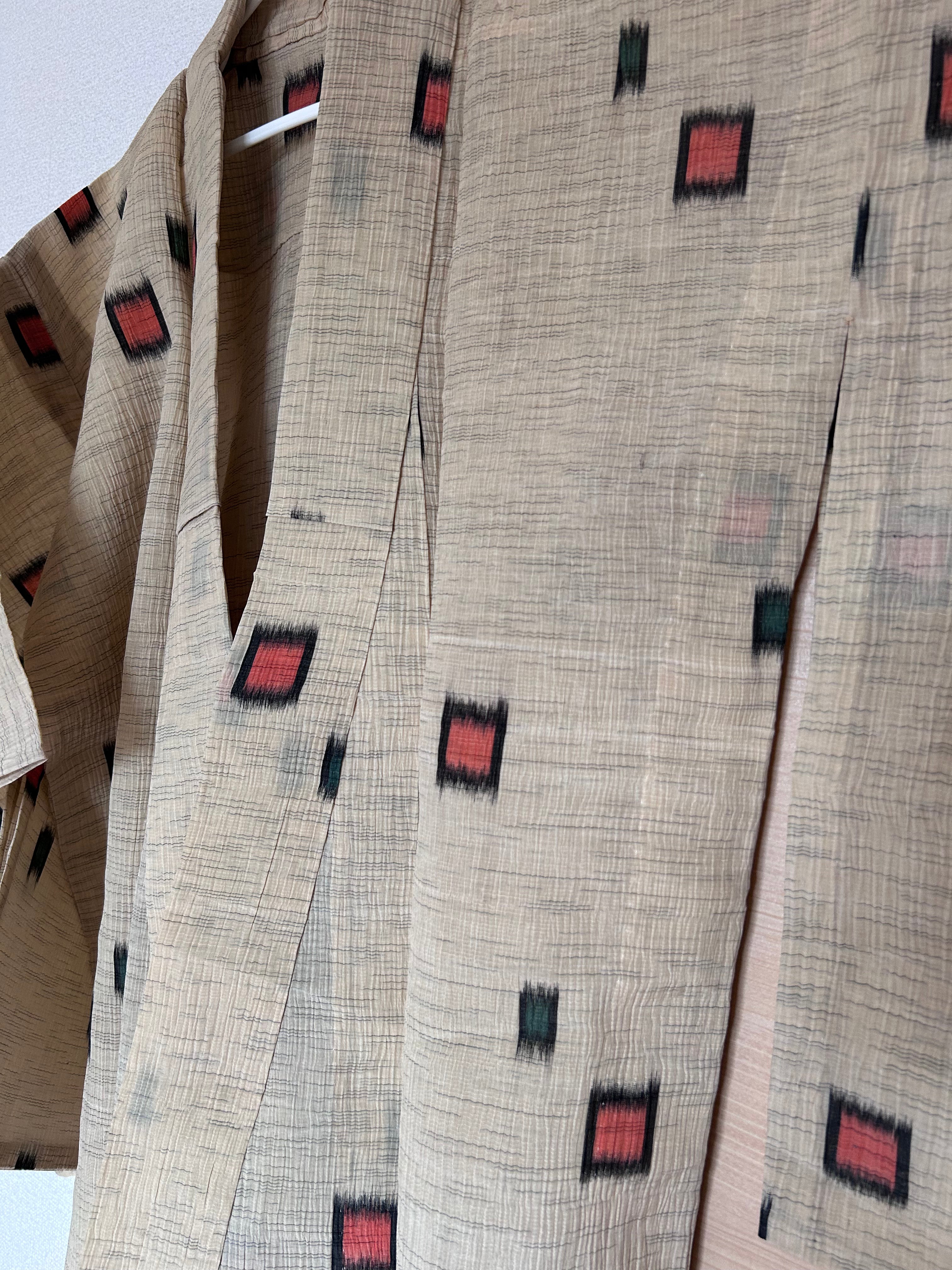 Vintage Japanese Haori Jacket – Beige Kasuri-Inspired Geometric Pattern
