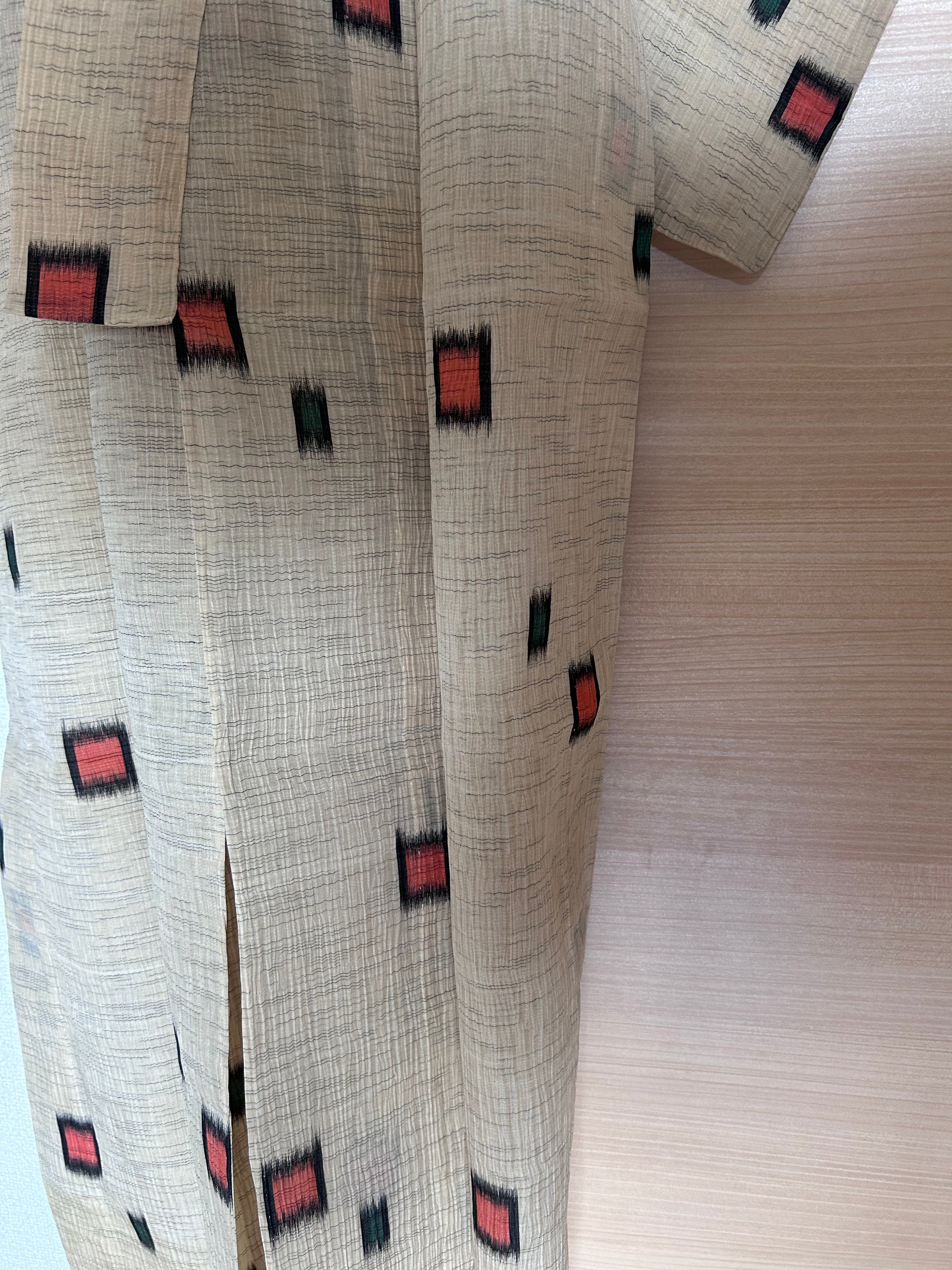 Vintage Japanese Haori Jacket – Beige Kasuri-Inspired Geometric Pattern