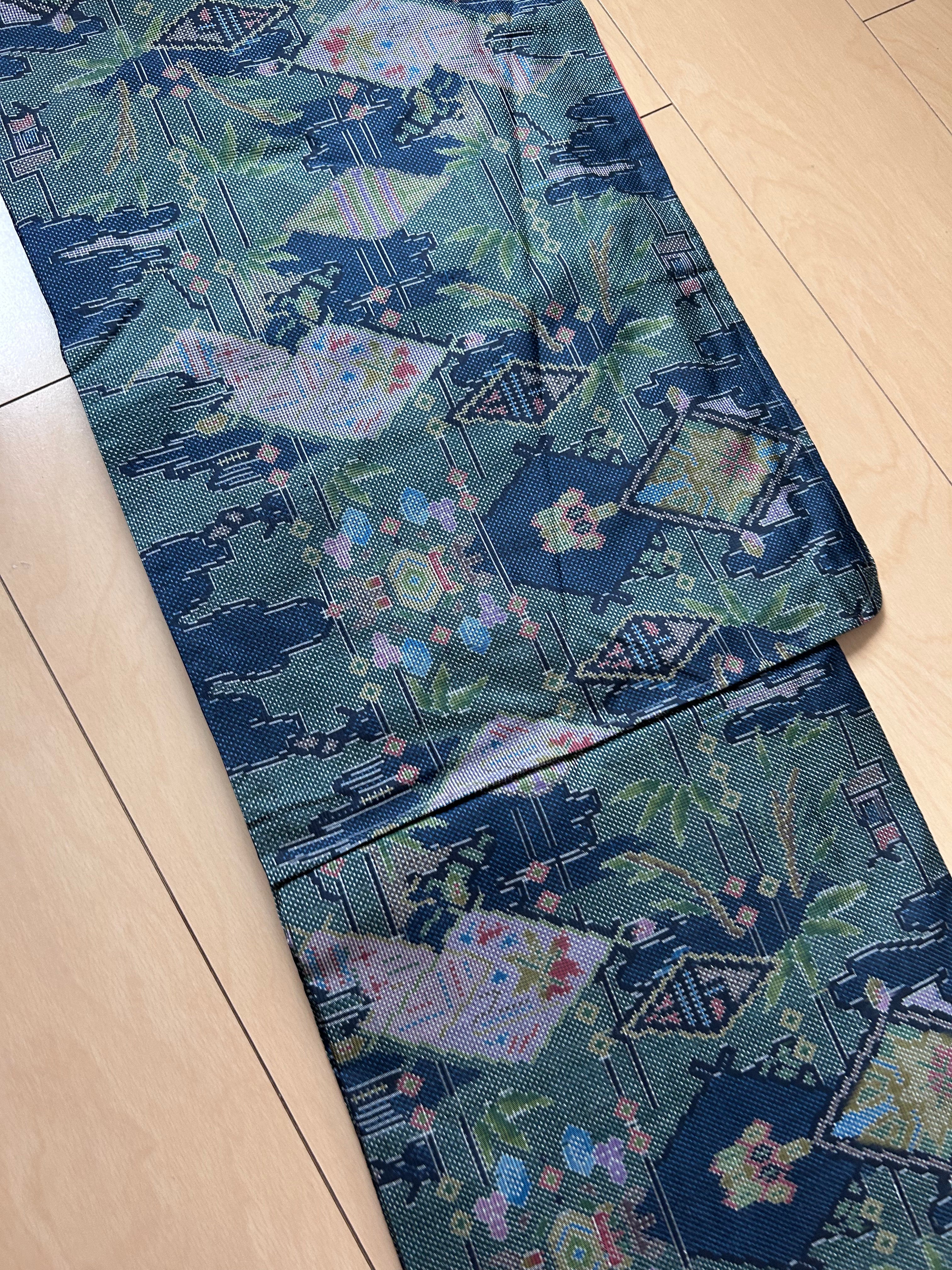 Vintage Japanese Obi in Deep Teal with Colorful Traditional Pattern