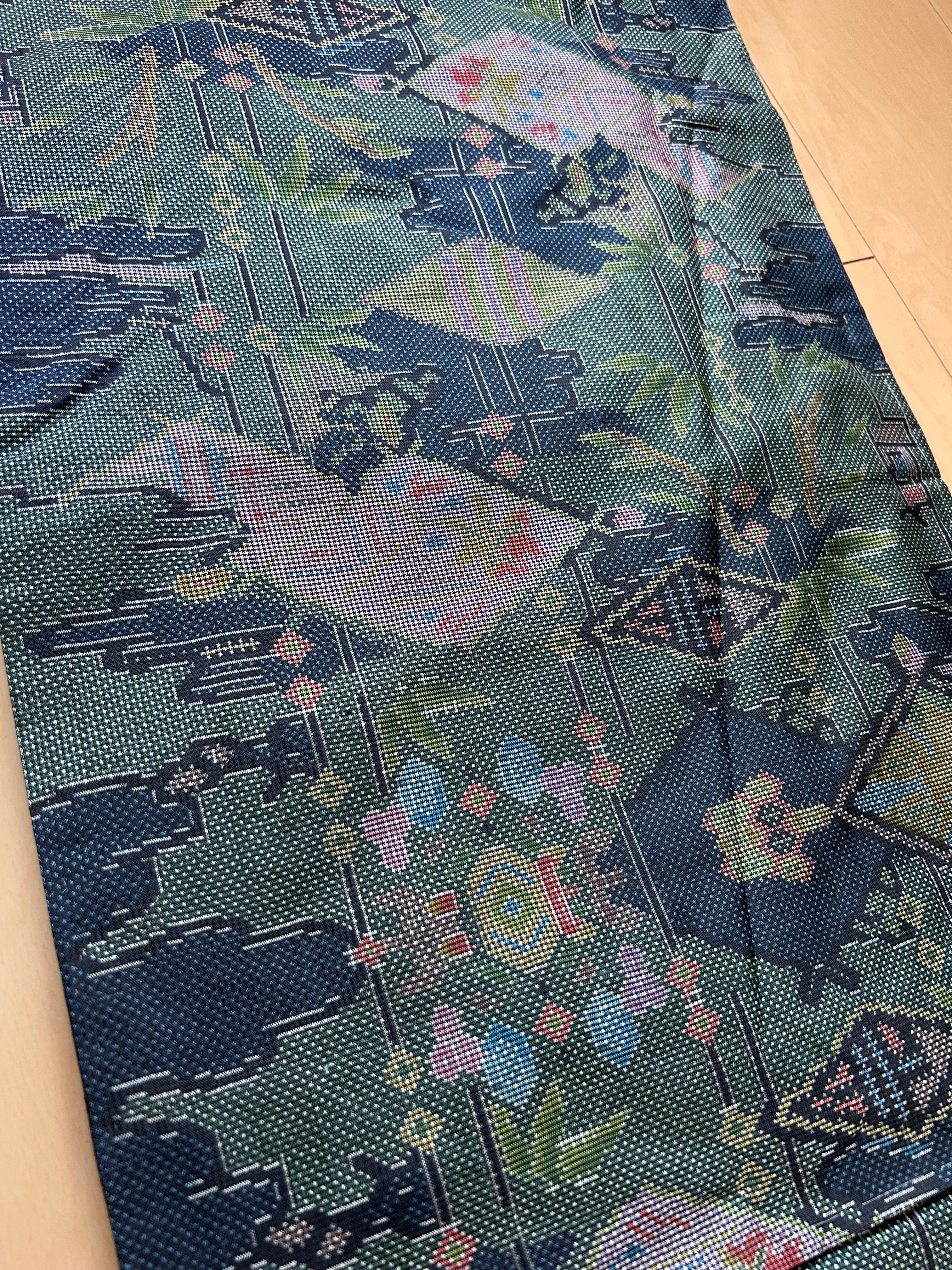 Vintage Japanese Obi in Deep Teal with Colorful Traditional Pattern
