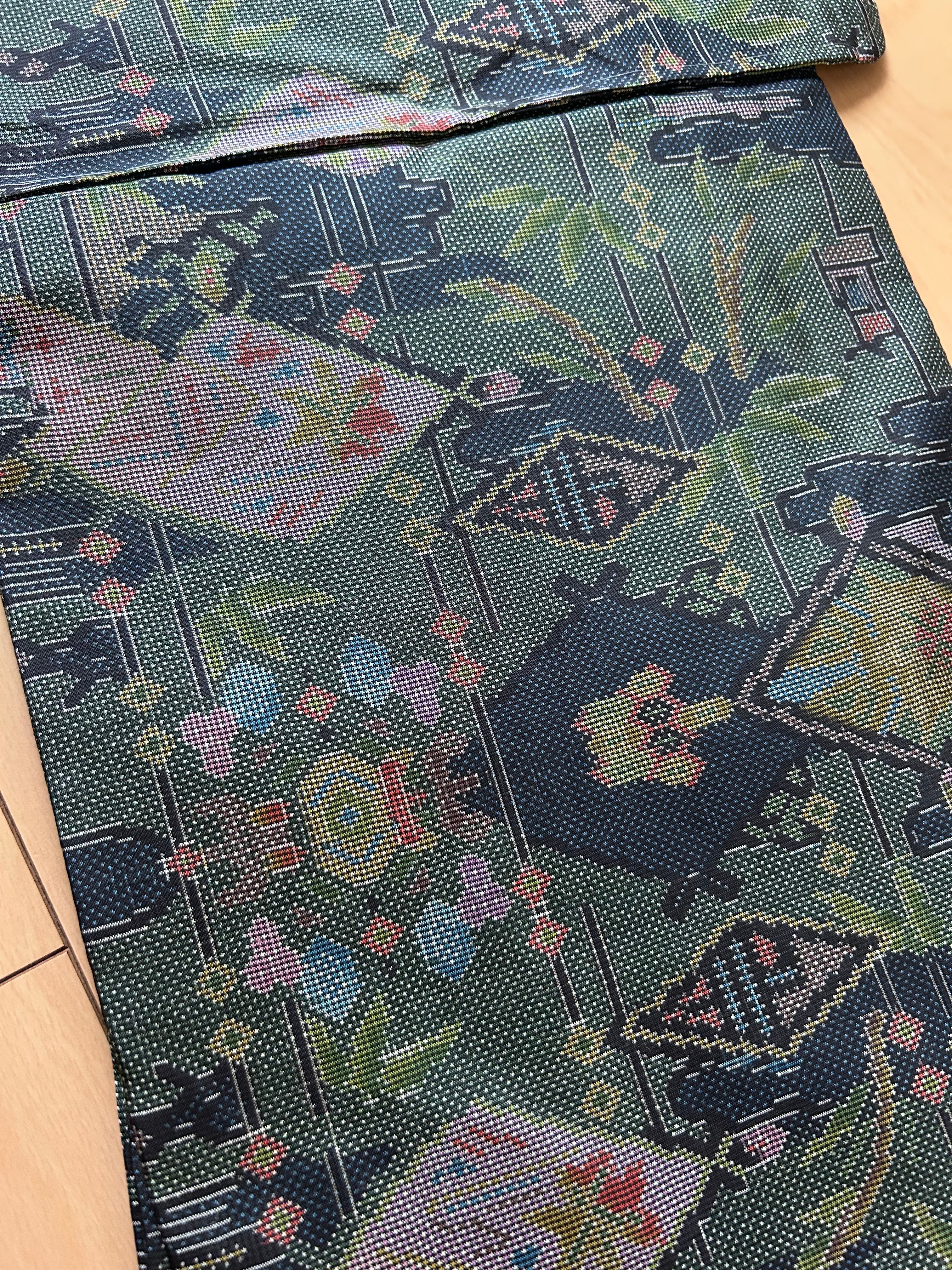 Vintage Japanese Obi in Deep Teal with Colorful Traditional Pattern