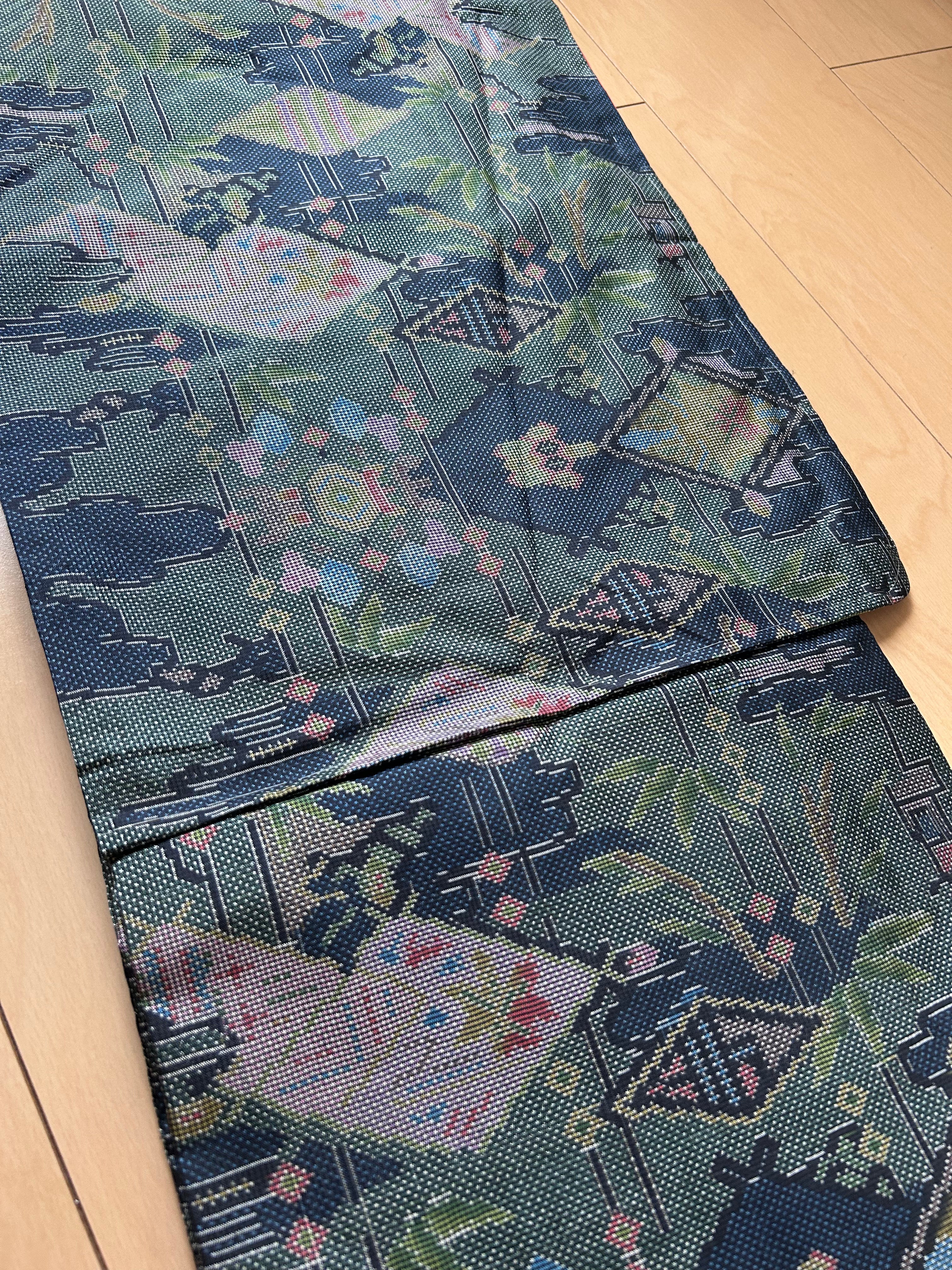 Vintage Japanese Obi in Deep Teal with Colorful Traditional Pattern