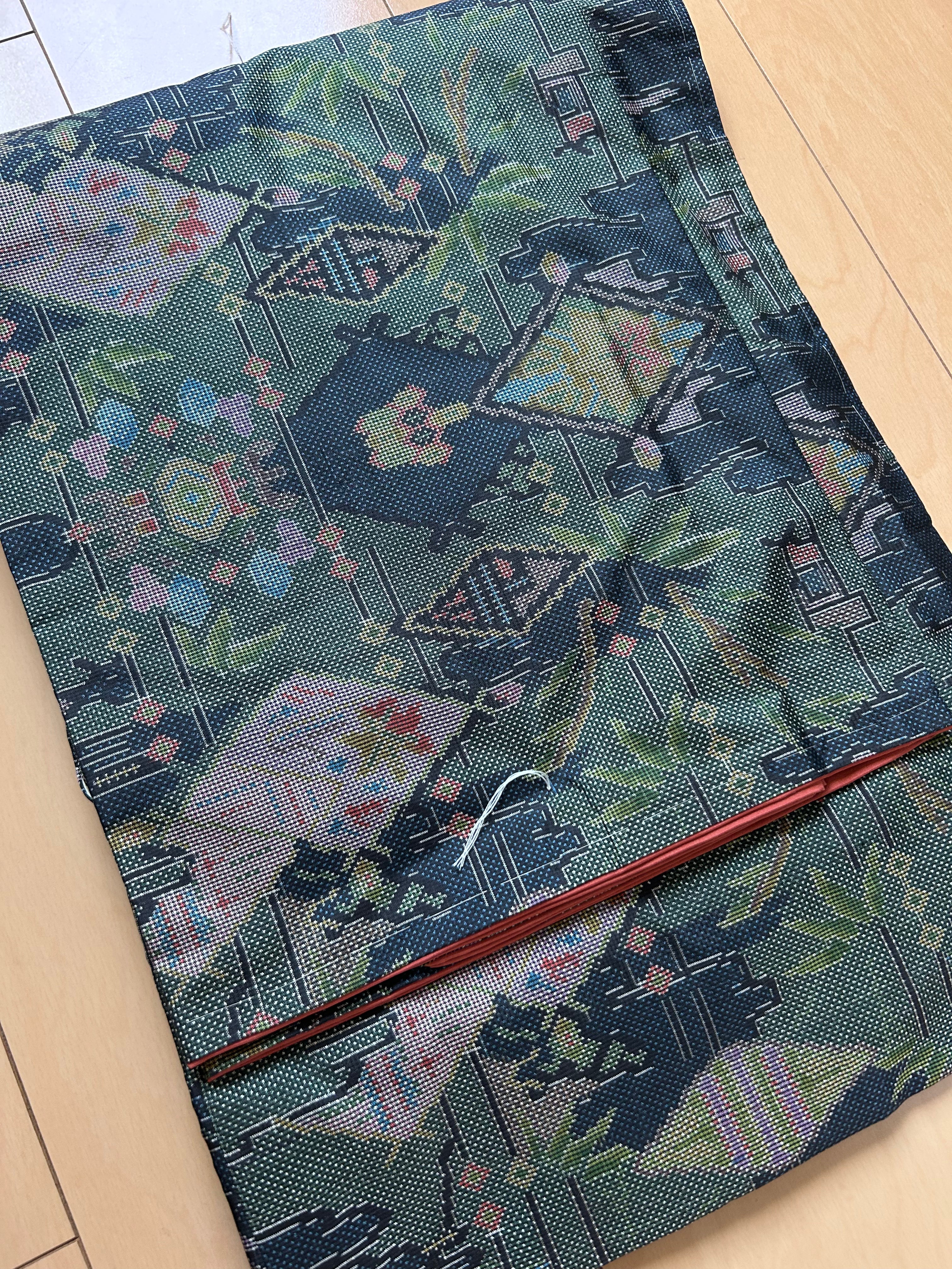 Vintage Japanese Obi in Deep Teal with Colorful Traditional Pattern