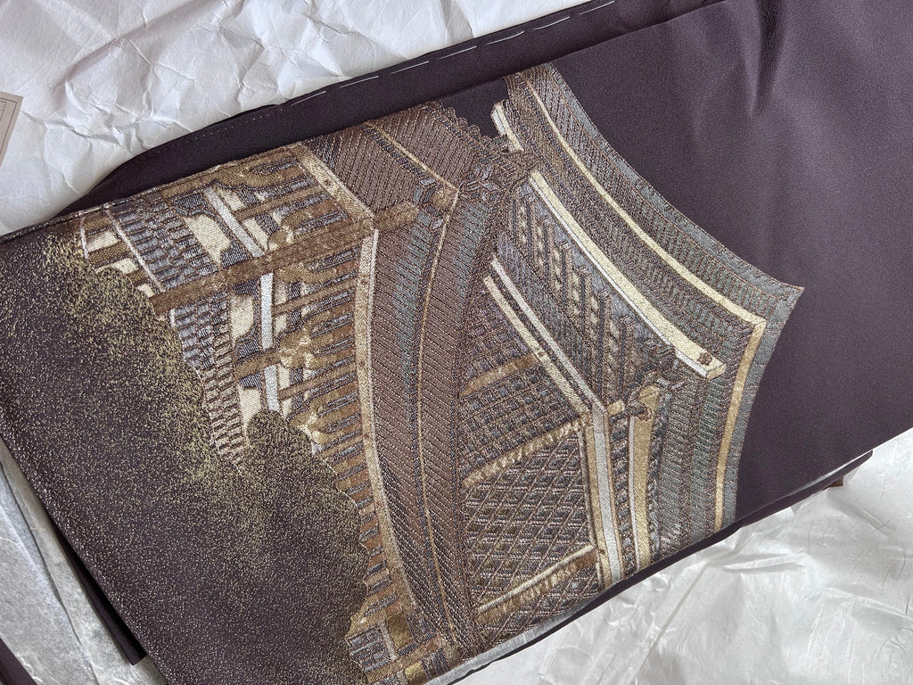 Vintage Japanese Obi in Dark Brown with Gold Traditional Architecture Design