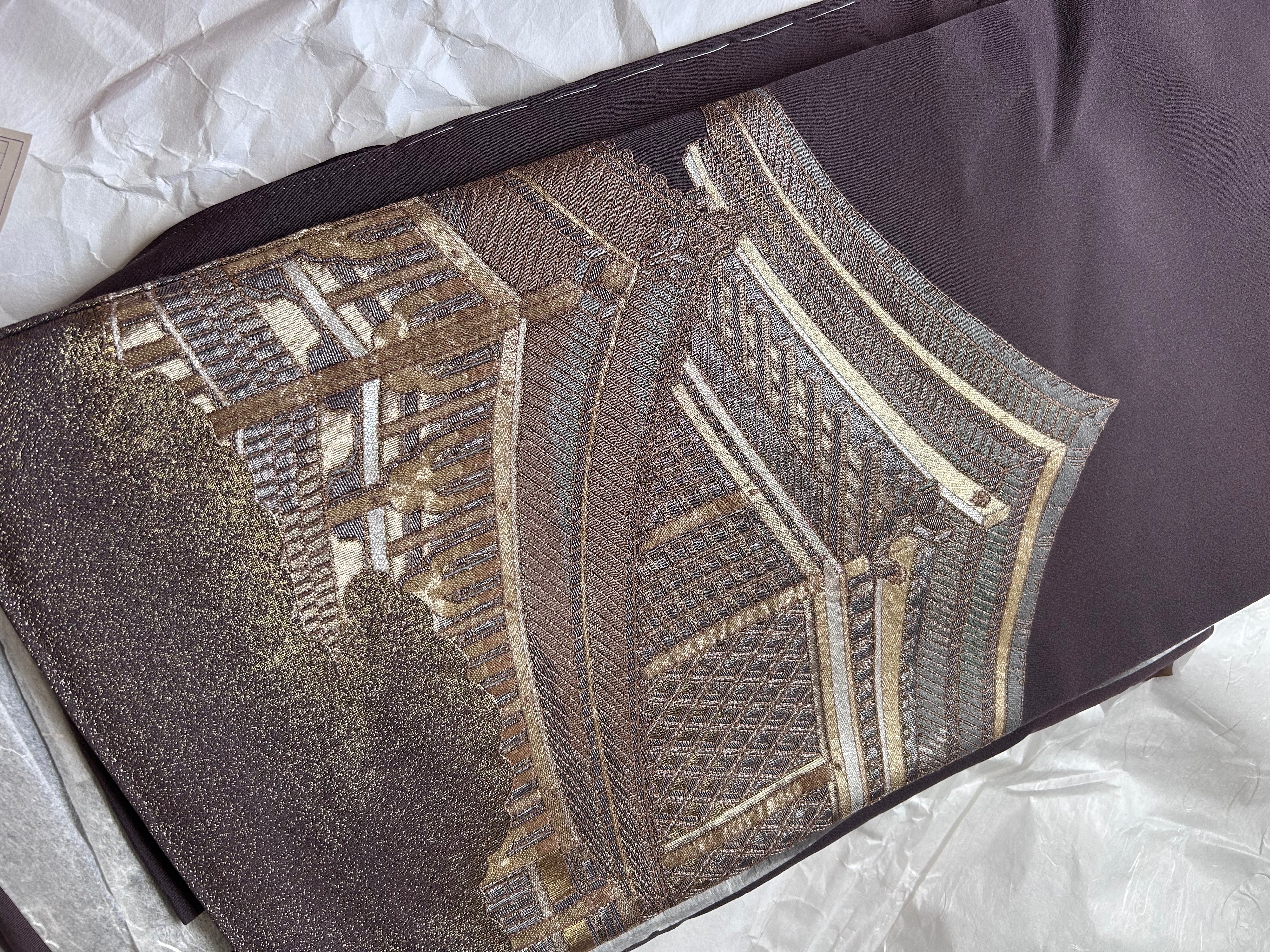 Vintage Japanese Obi in Dark Brown with Gold Traditional Architecture Design