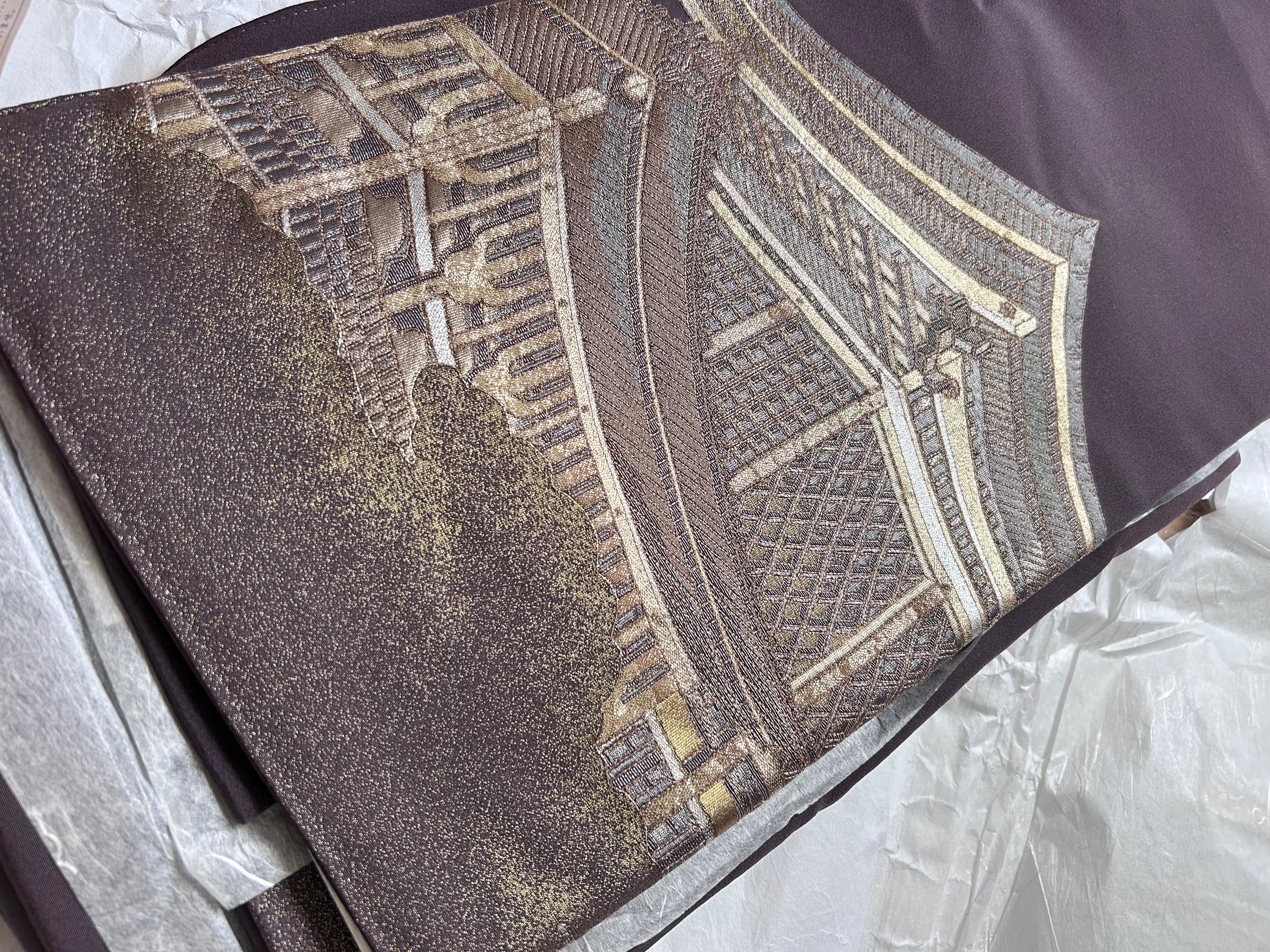 Vintage Japanese Obi in Dark Brown with Gold Traditional Architecture Design
