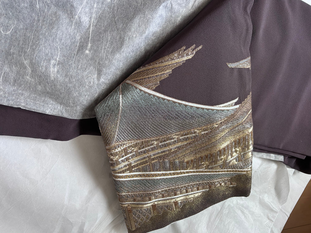 Vintage Japanese Obi in Dark Brown with Gold Traditional Architecture Design