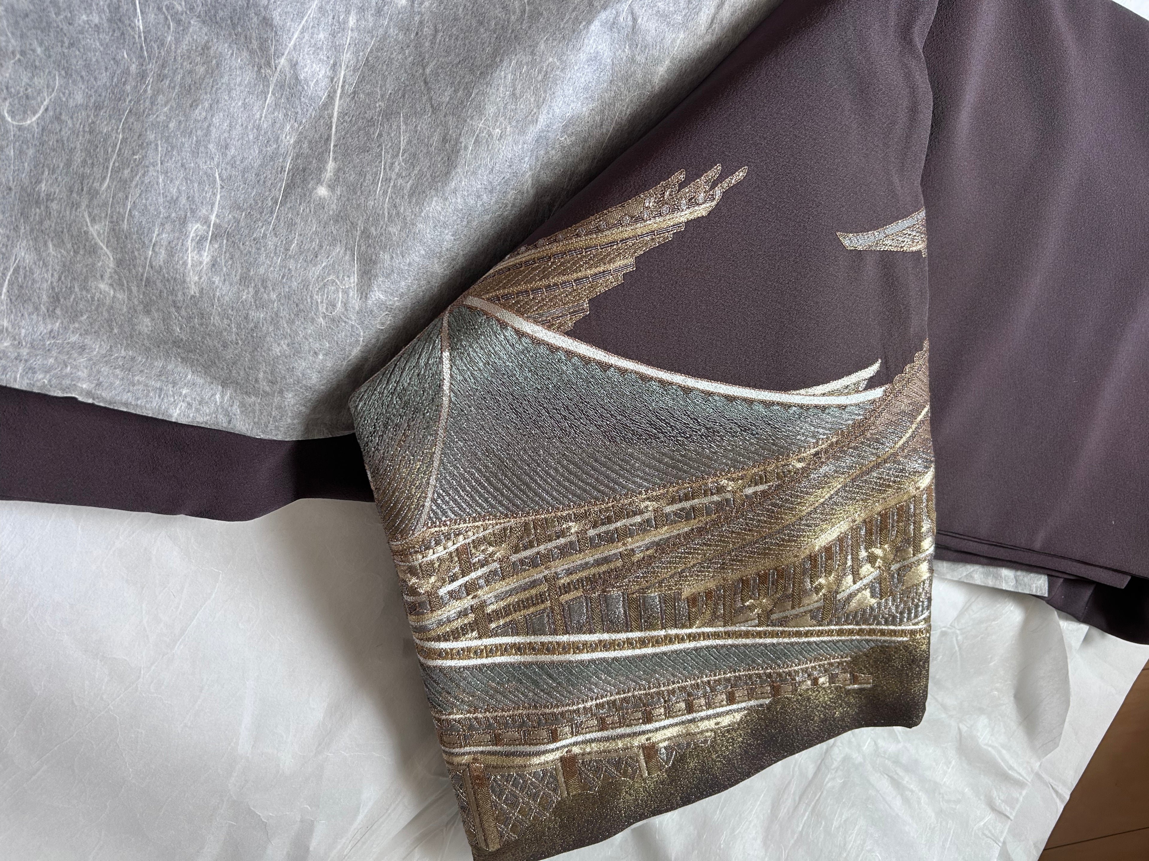 Vintage Japanese Obi in Dark Brown with Gold Traditional Architecture Design