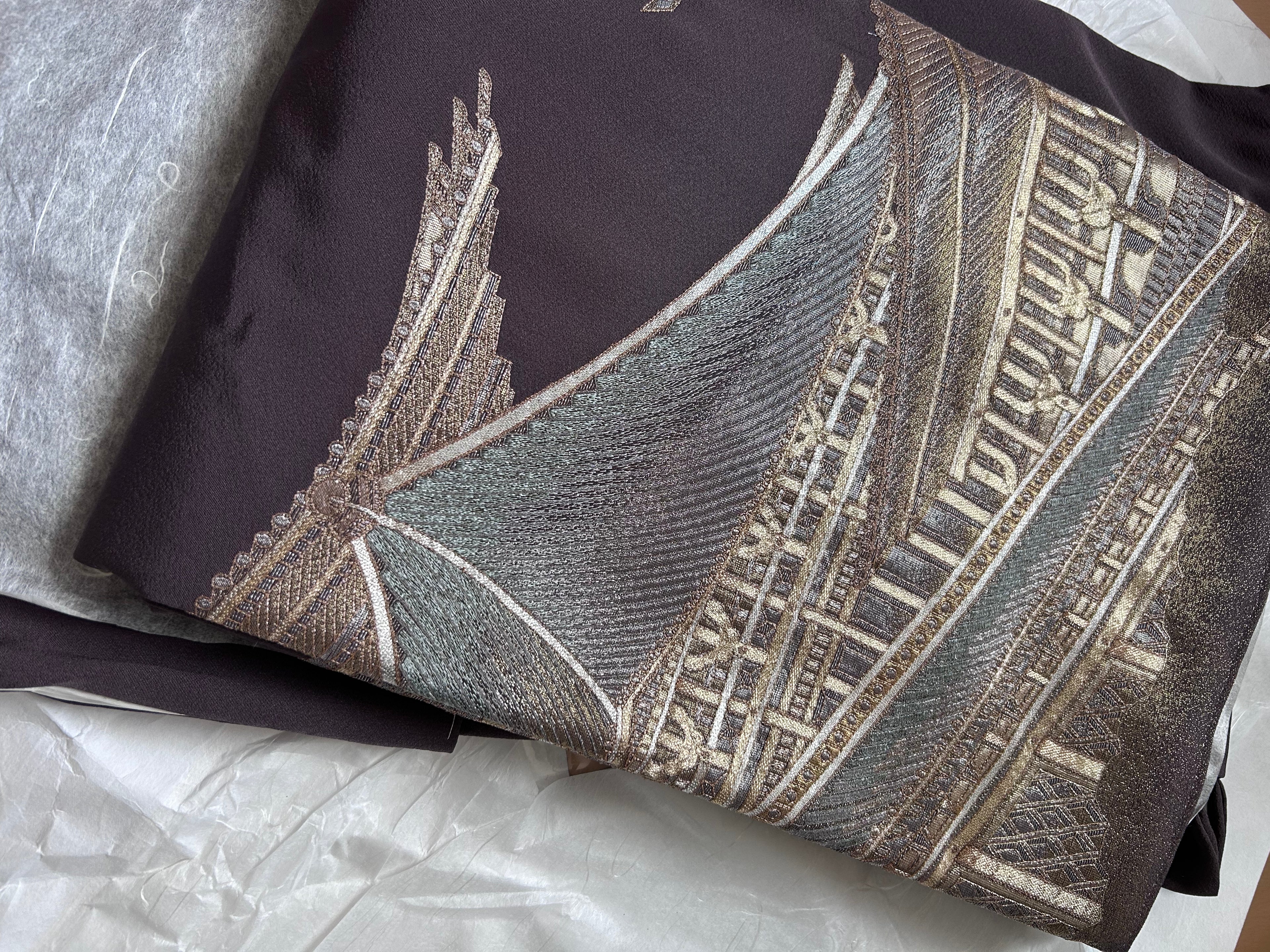 Vintage Japanese Obi in Dark Brown with Gold Traditional Architecture Design