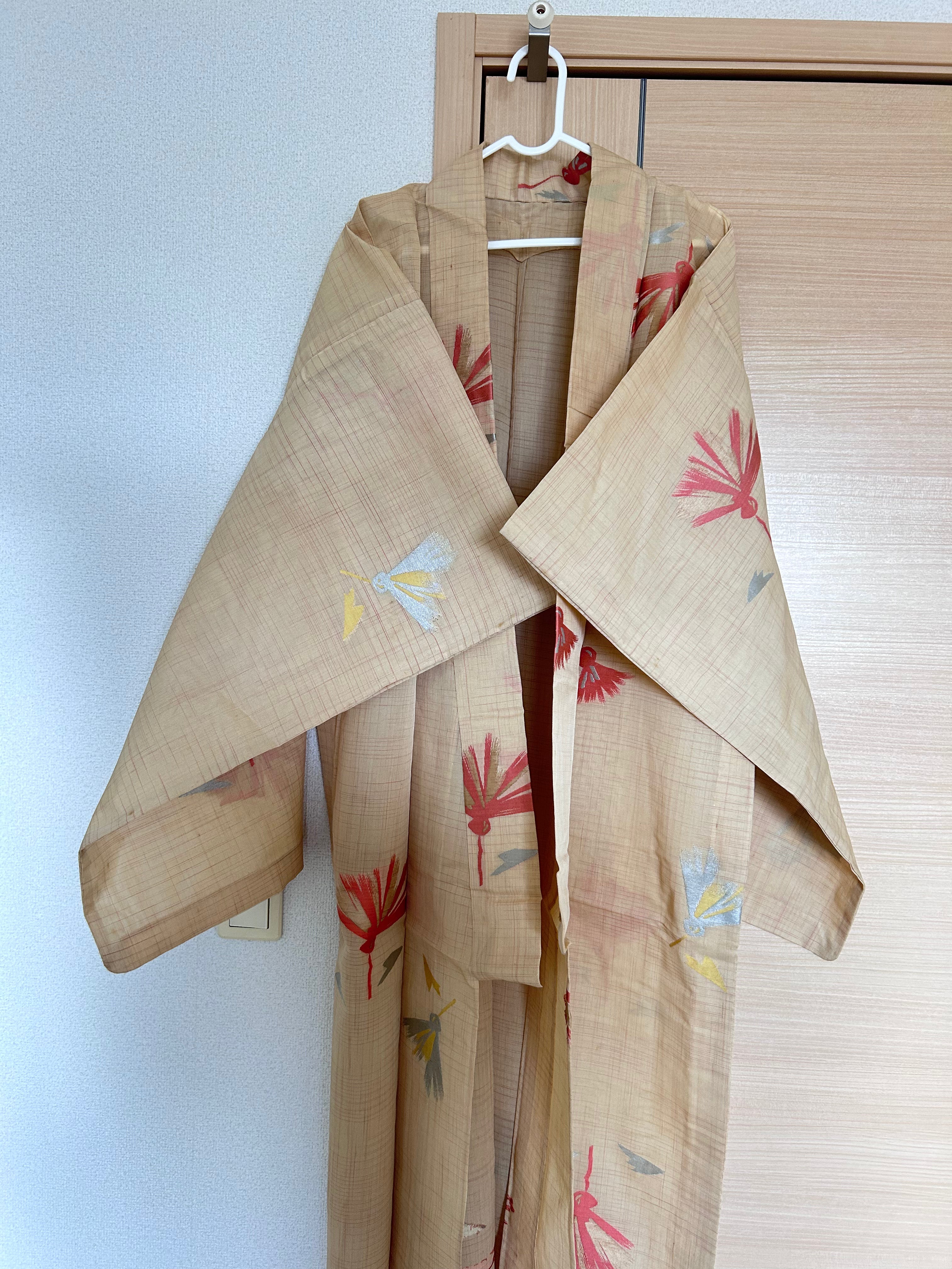 Vintage Japanese Kimono in Beige with Colorful Fan Motifs
