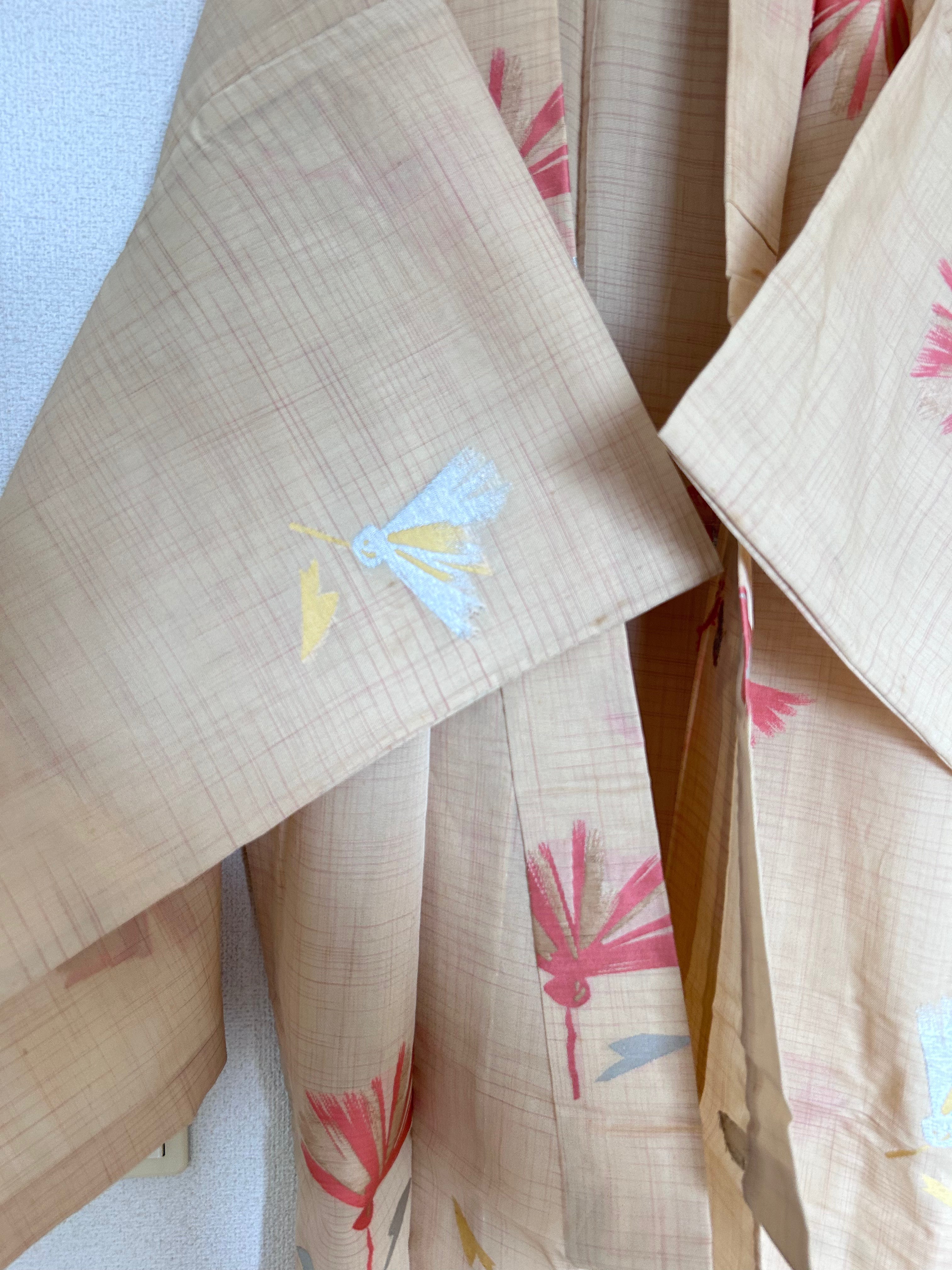 Vintage Japanese Kimono in Beige with Colorful Fan Motifs