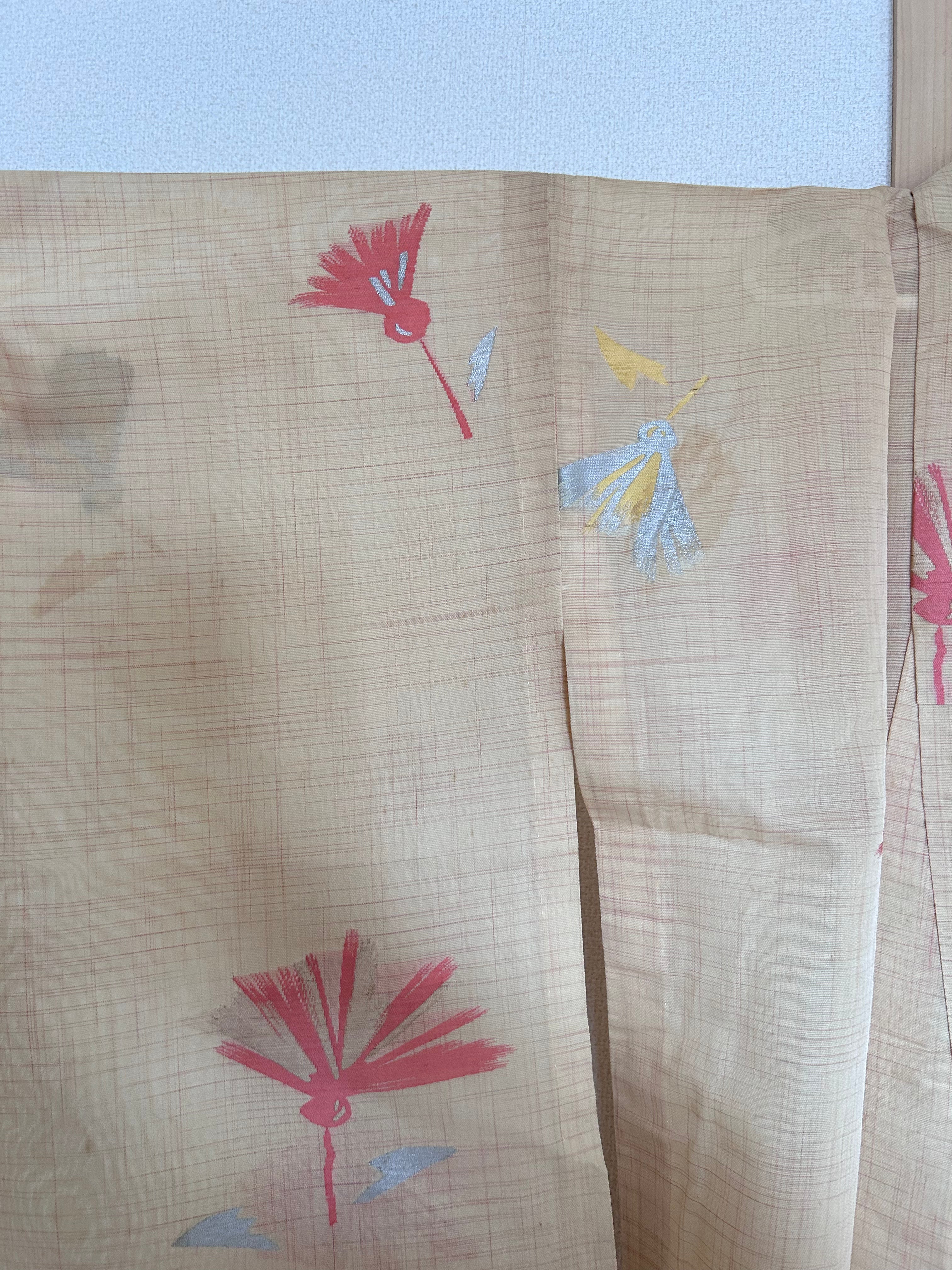 Vintage Japanese Kimono in Beige with Colorful Fan Motifs