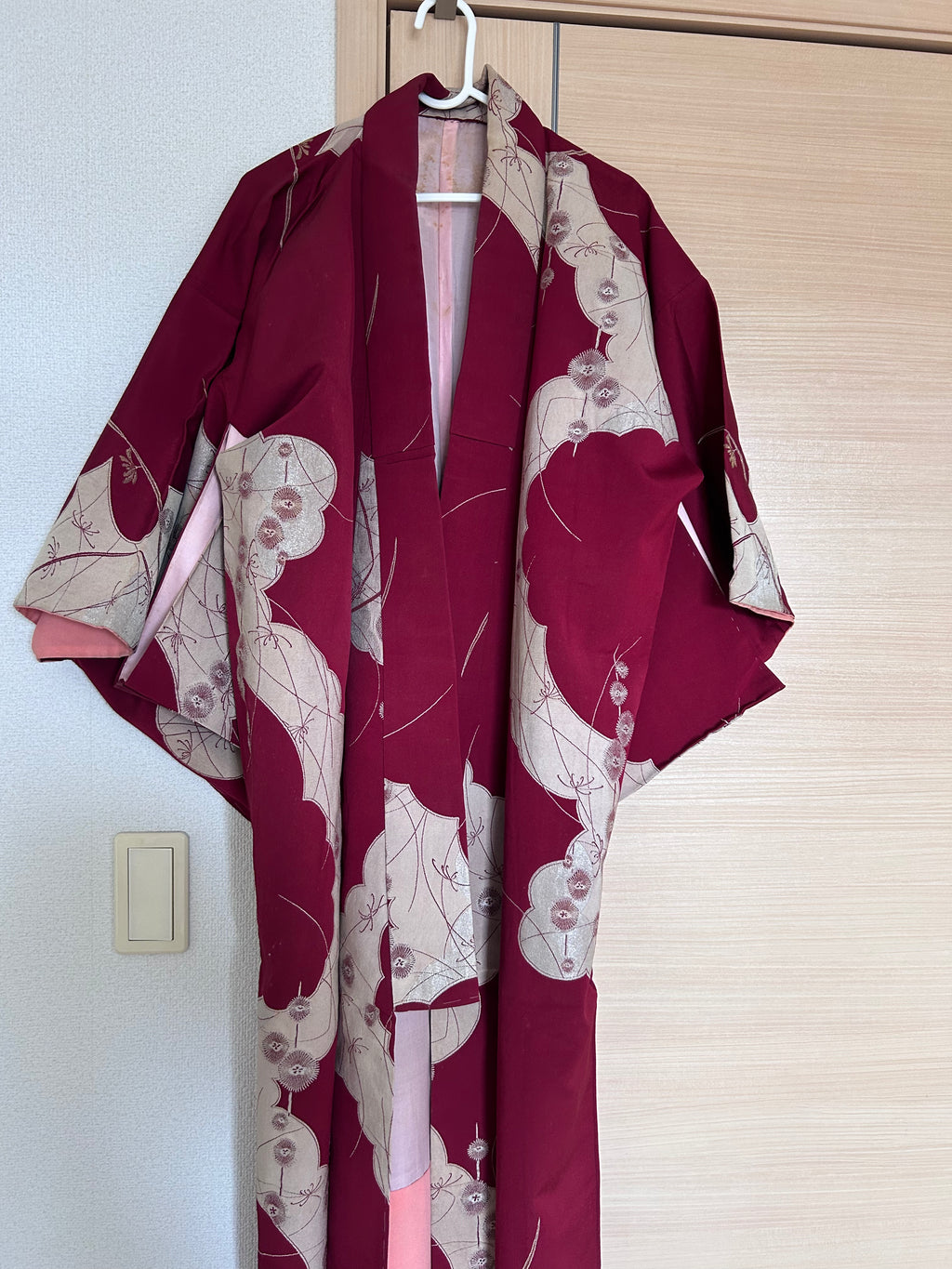 Vintage Japanese Kimono in Wine Red with Beige Botanical Motifs