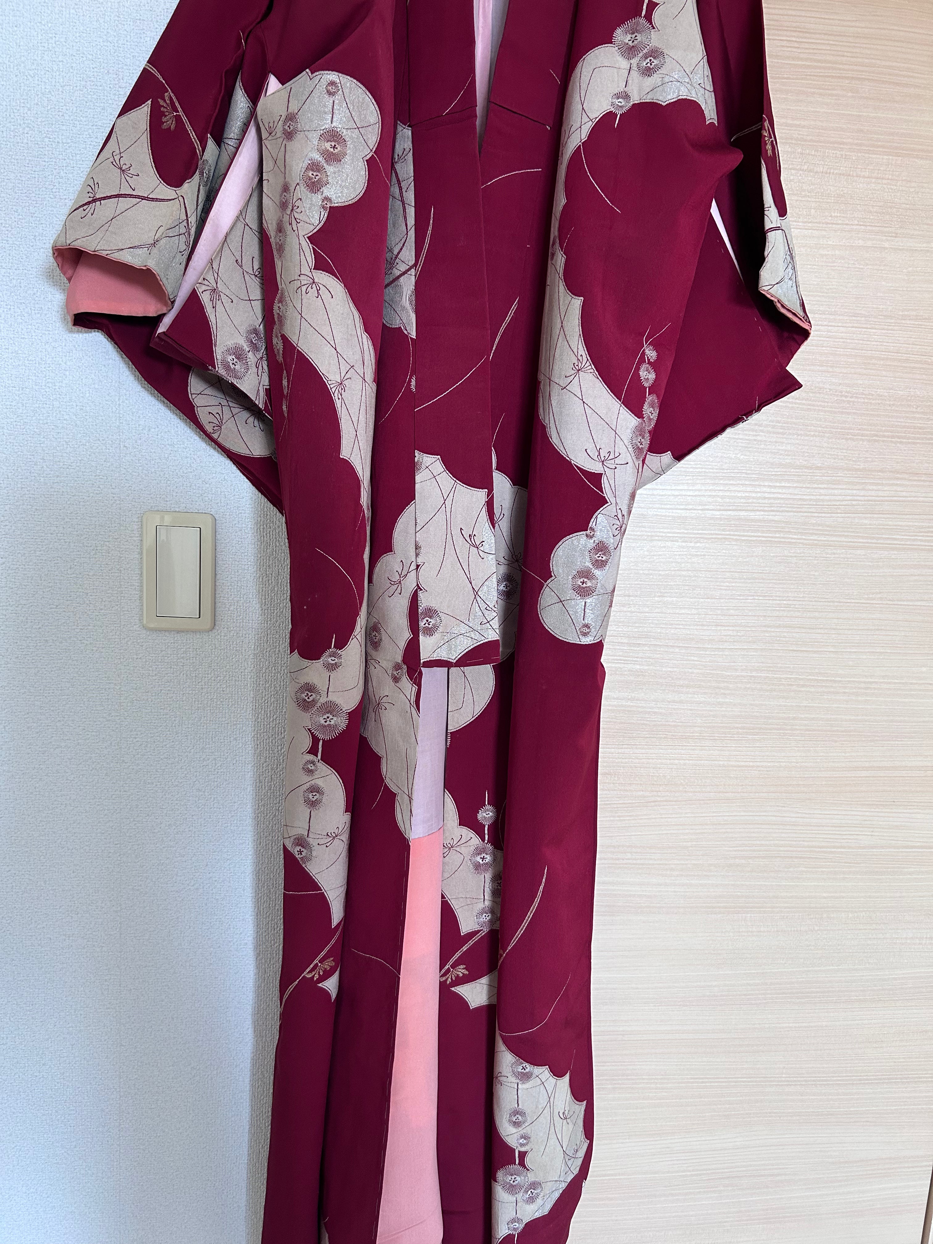 Vintage Japanese Kimono in Wine Red with Beige Botanical Motifs