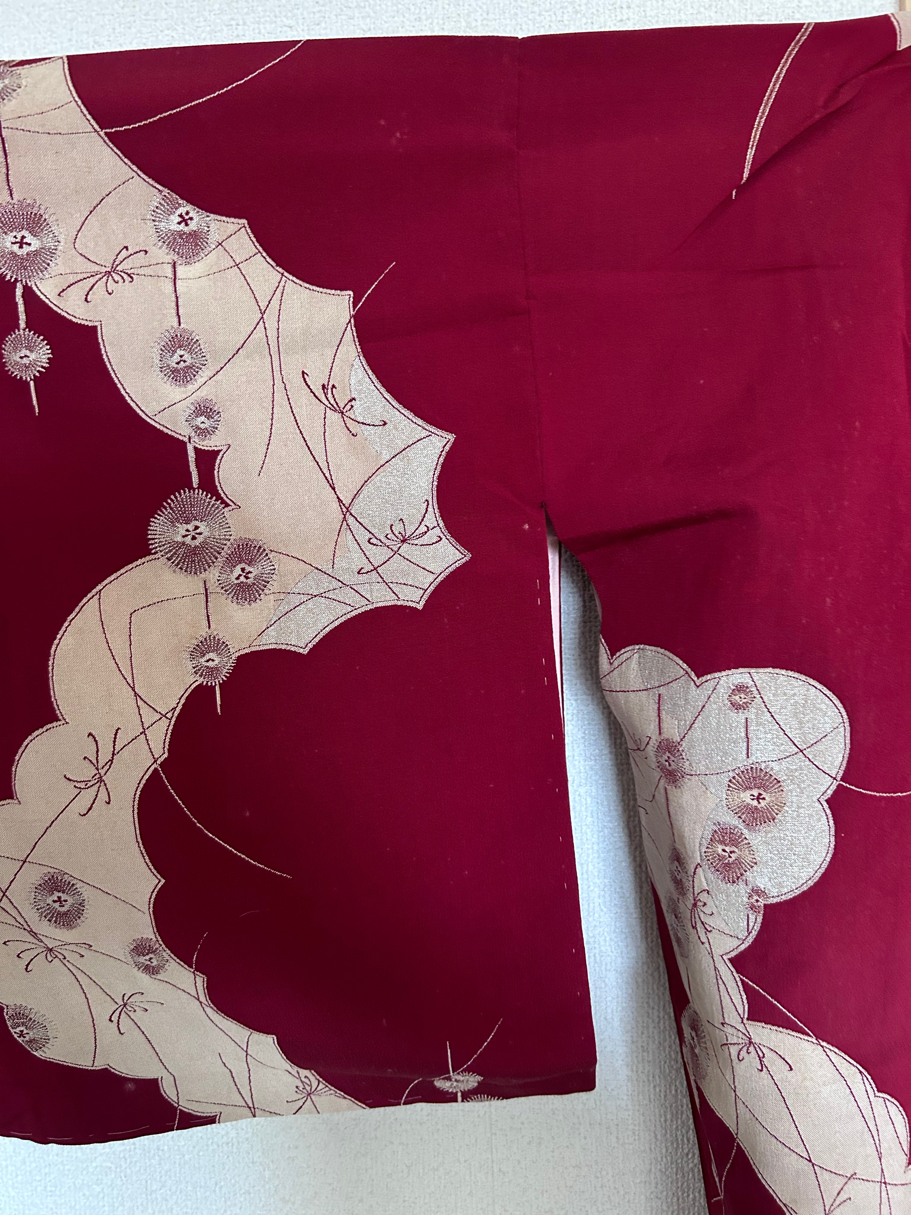 Vintage Japanese Kimono in Wine Red with Beige Botanical Motifs