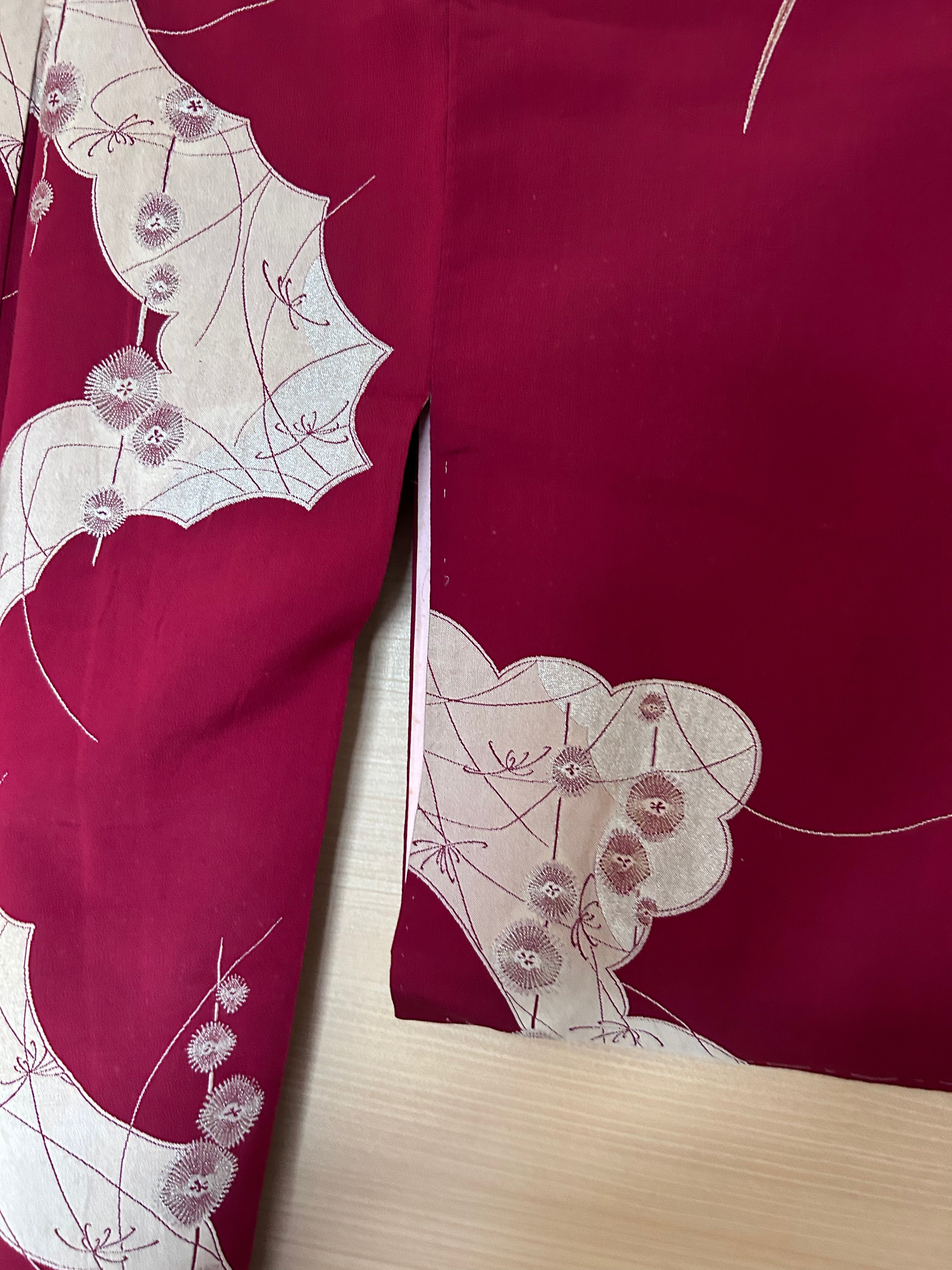 Vintage Japanese Kimono in Wine Red with Beige Botanical Motifs