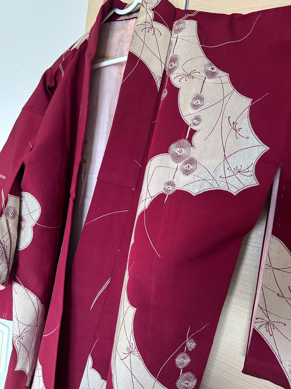 Vintage Japanese Kimono in Wine Red with Beige Botanical Motifs