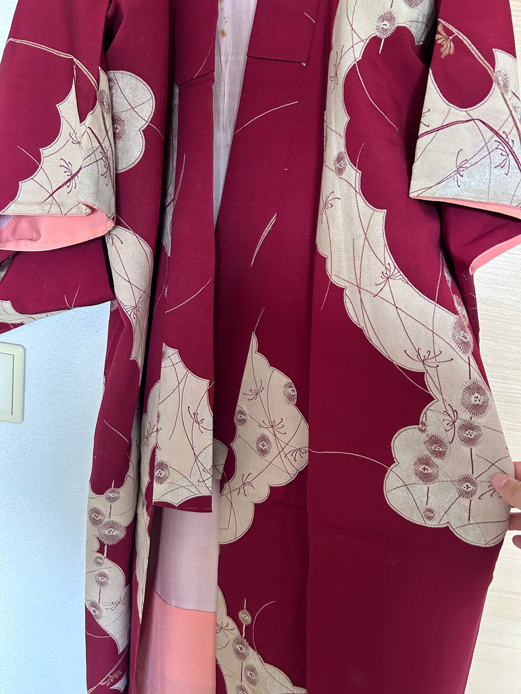 Vintage Japanese Kimono in Wine Red with Beige Botanical Motifs