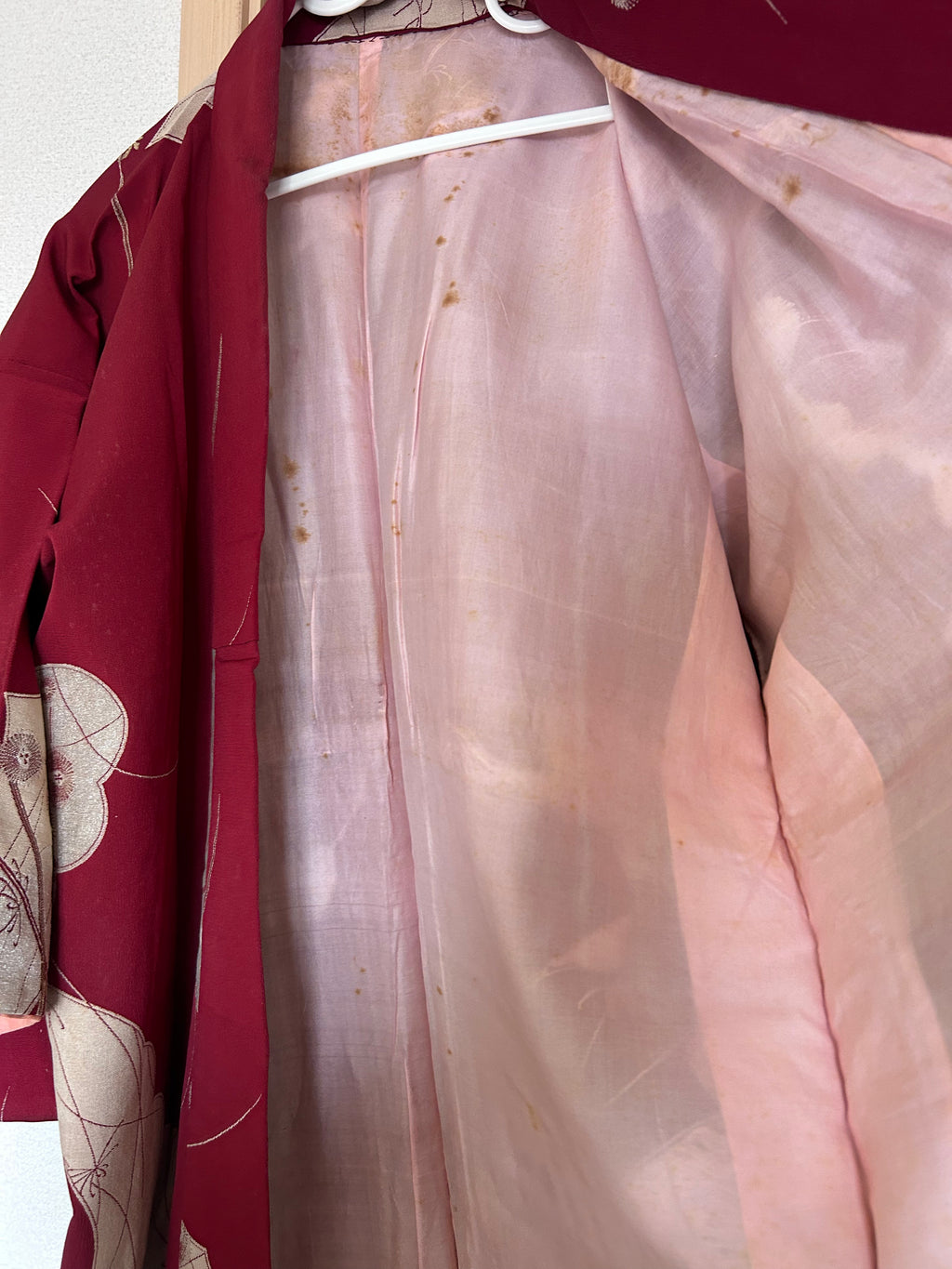 Vintage Japanese Kimono in Wine Red with Beige Botanical Motifs