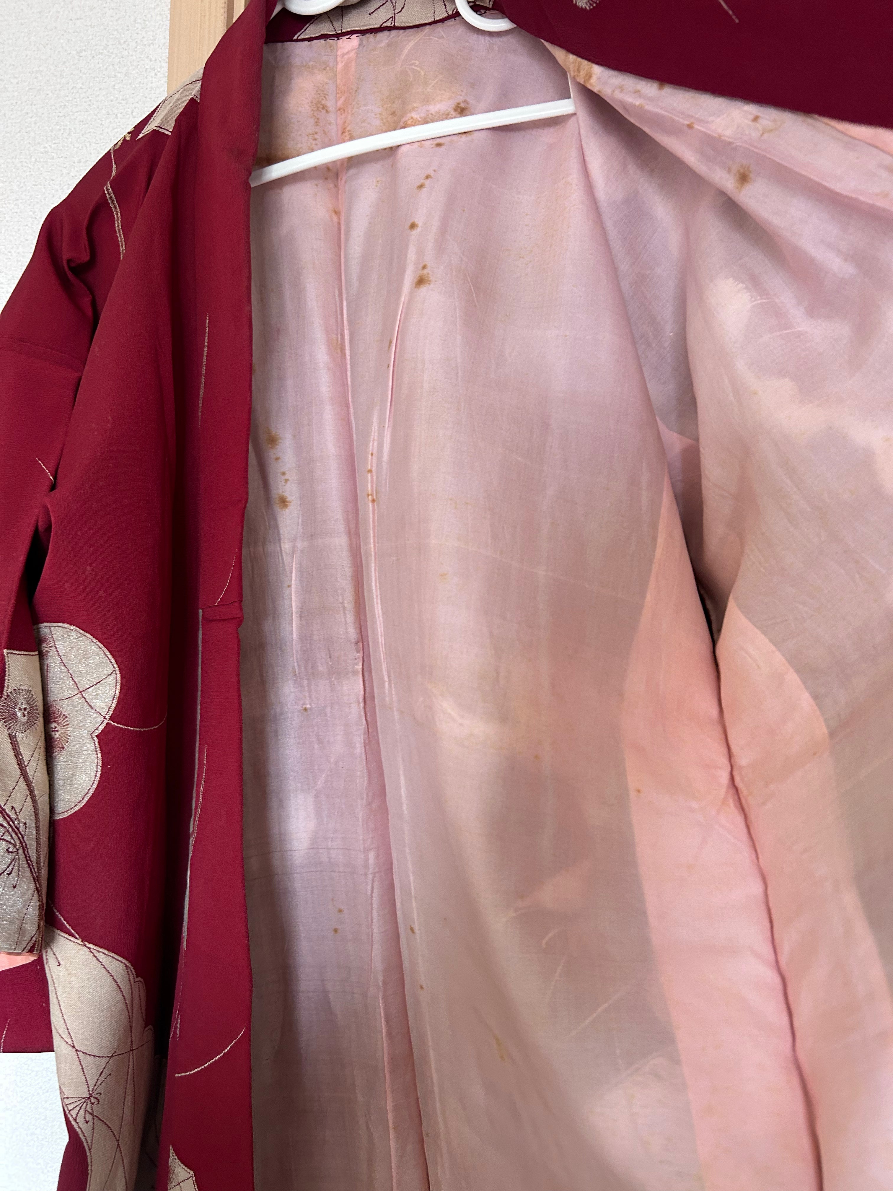 Vintage Japanese Kimono in Wine Red with Beige Botanical Motifs