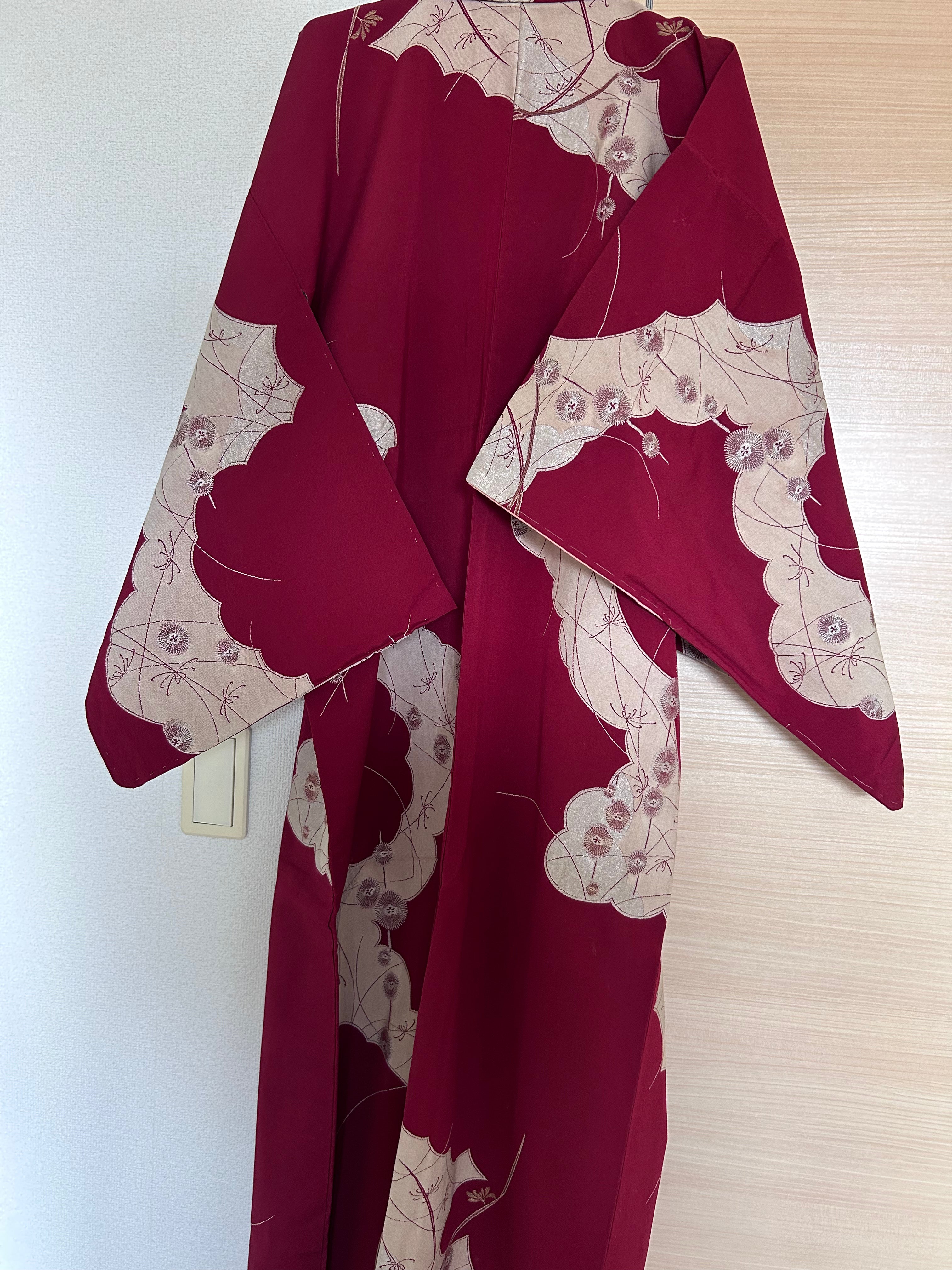 Vintage Japanese Kimono in Wine Red with Beige Botanical Motifs