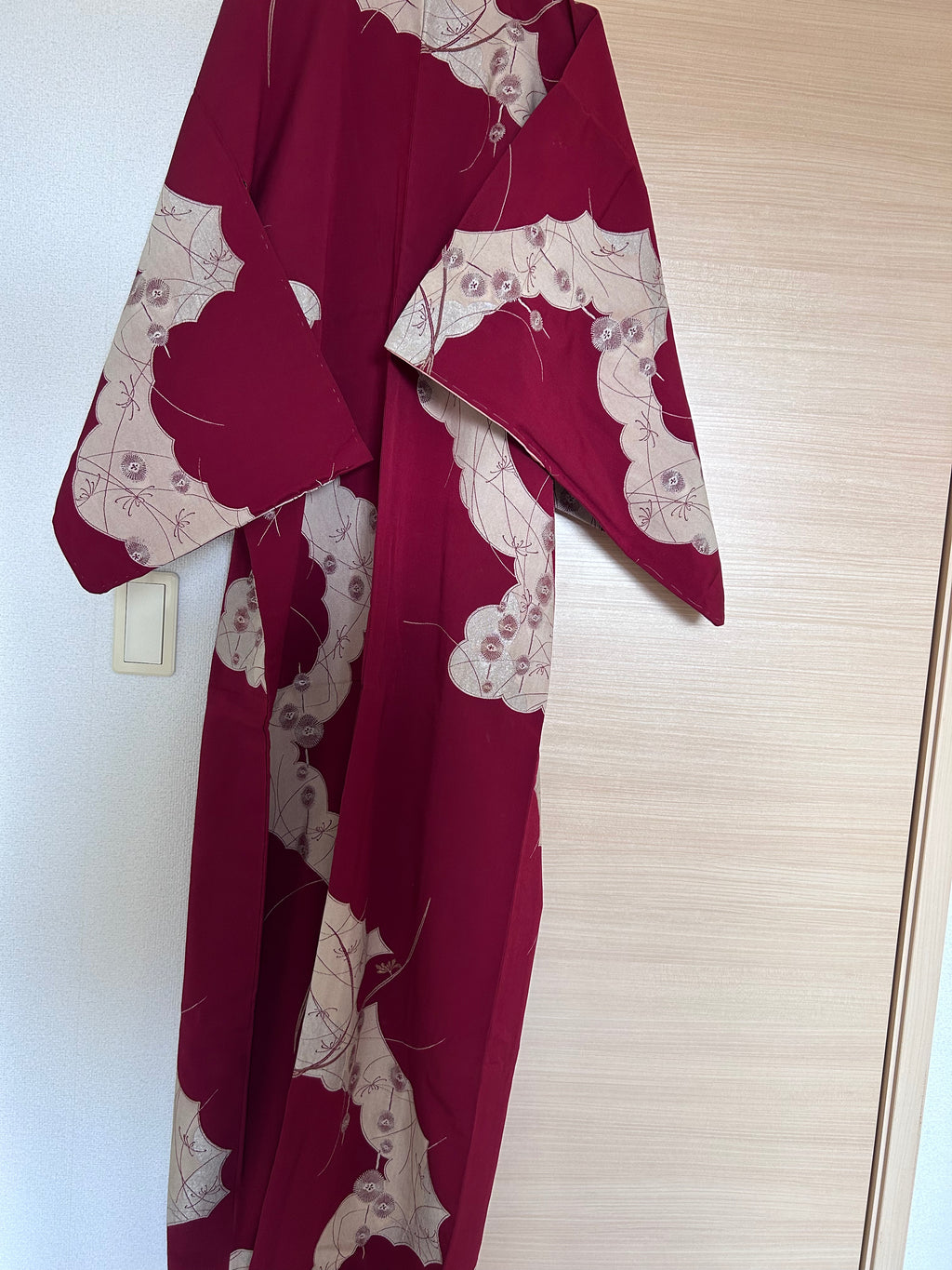 Vintage Japanese Kimono in Wine Red with Beige Botanical Motifs
