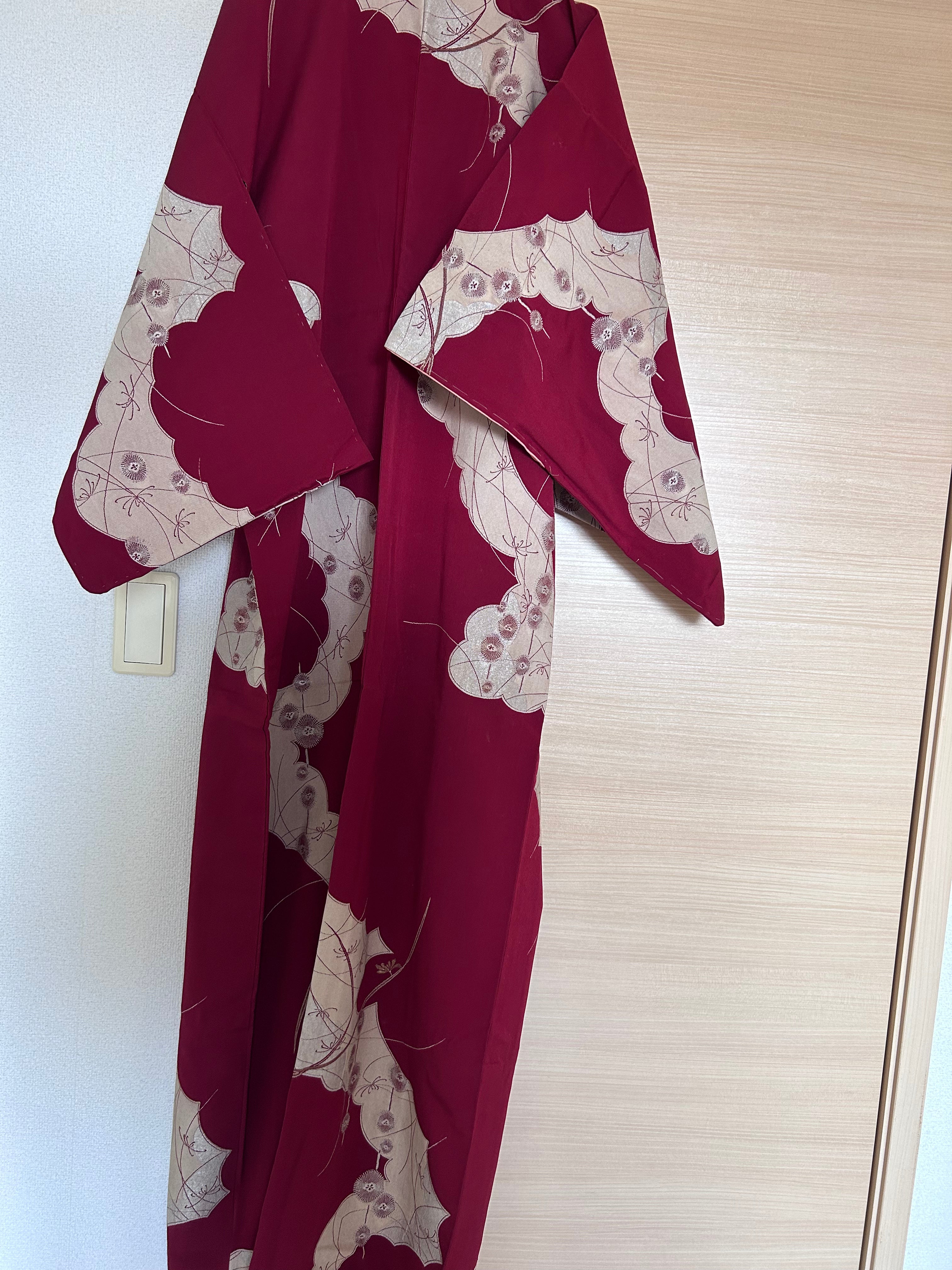 Vintage Japanese Kimono in Wine Red with Beige Botanical Motifs