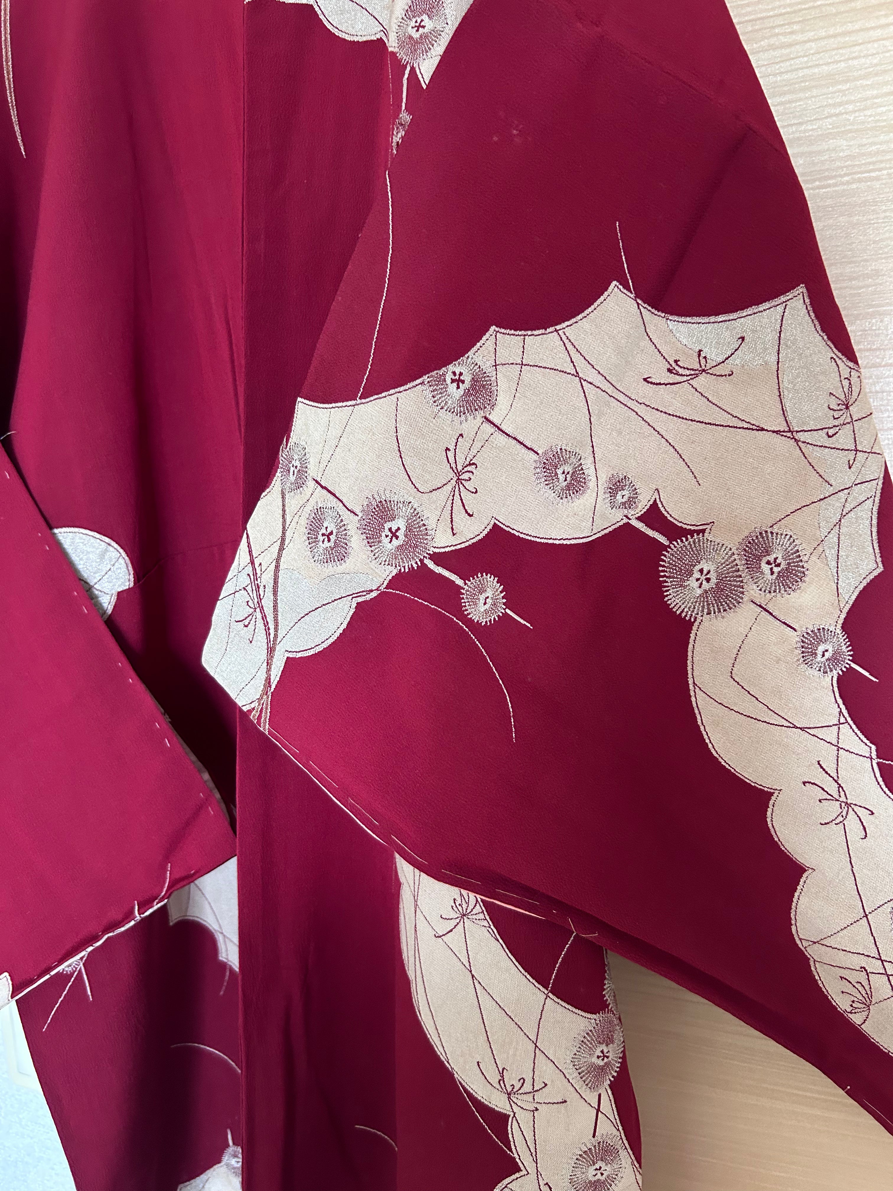 Vintage Japanese Kimono in Wine Red with Beige Botanical Motifs