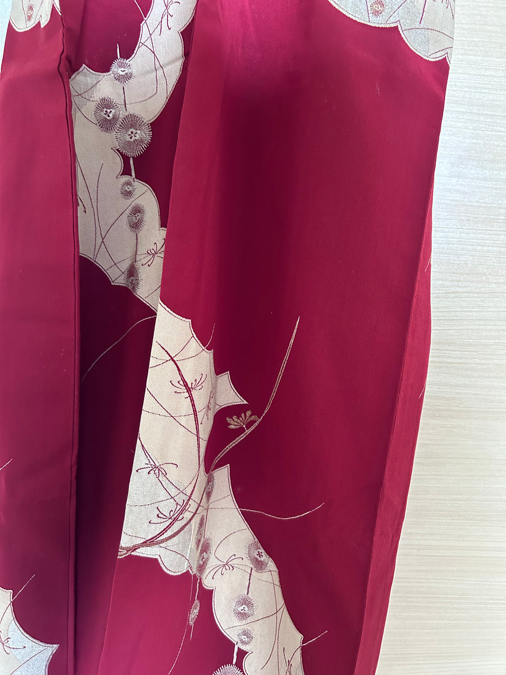 Vintage Japanese Kimono in Wine Red with Beige Botanical Motifs