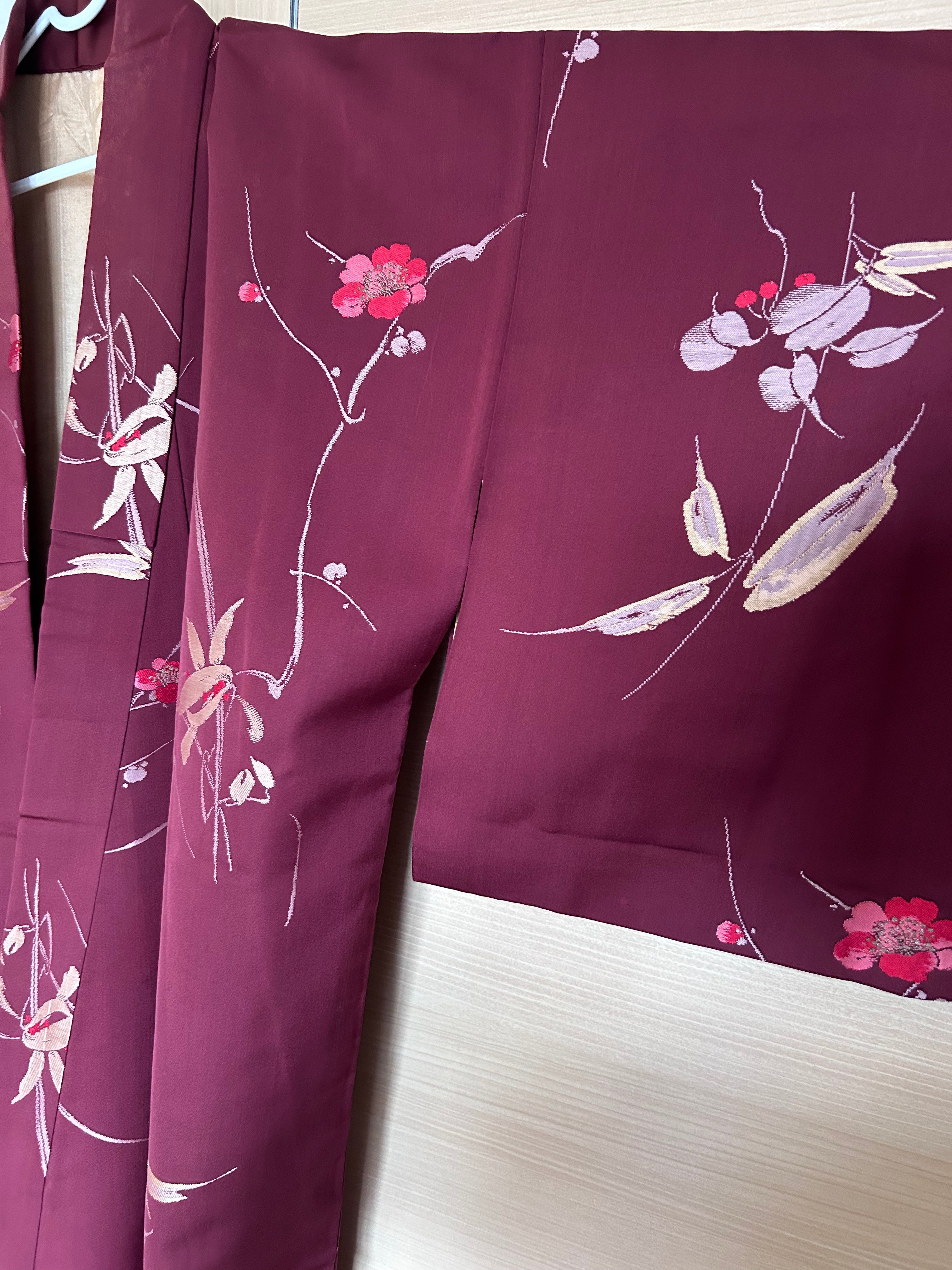 Vintage Japanese Kimono in Deep Burgundy with Delicate Floral & Leaf Motifs