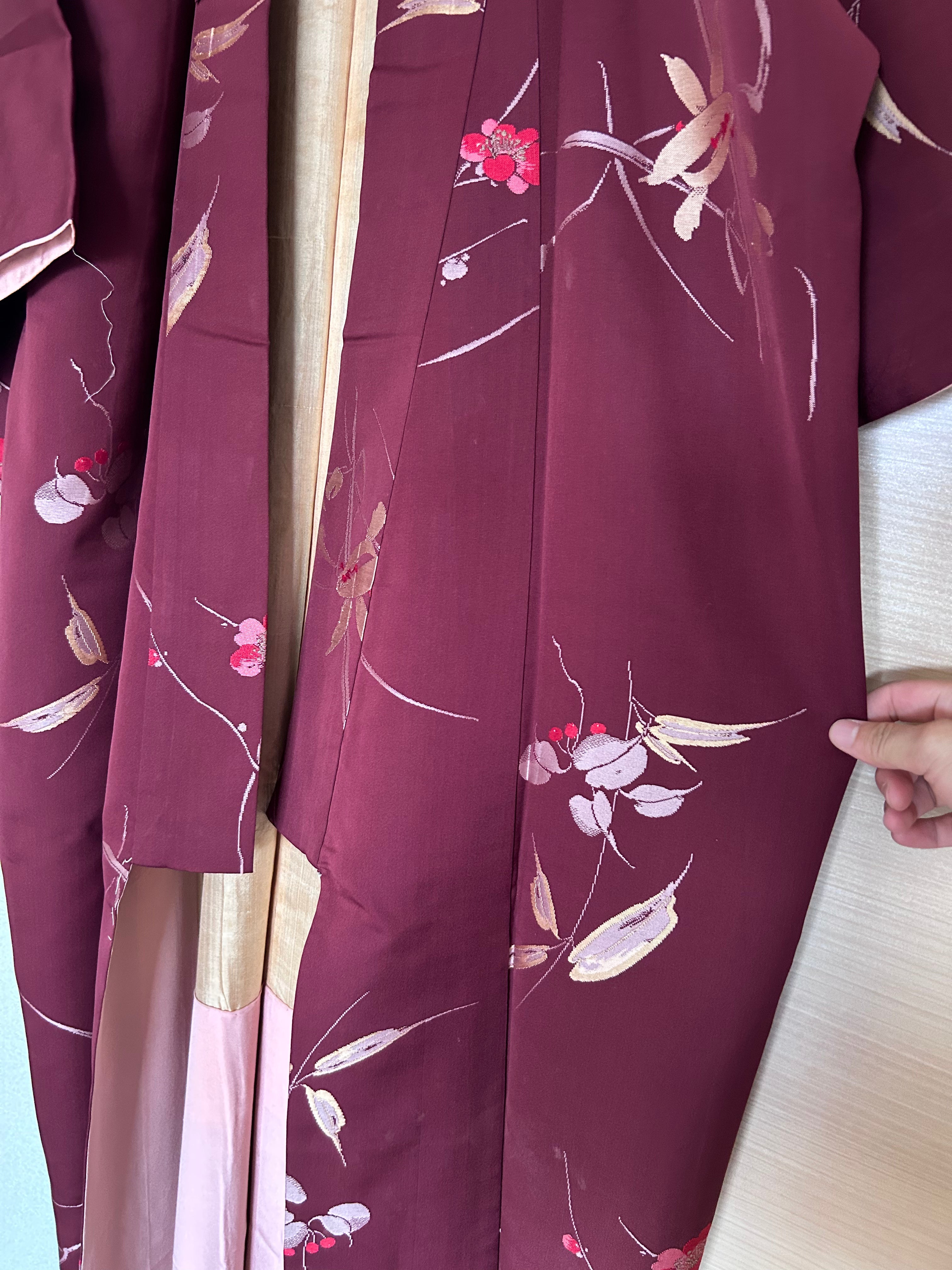 Vintage Japanese Kimono in Deep Burgundy with Delicate Floral & Leaf Motifs
