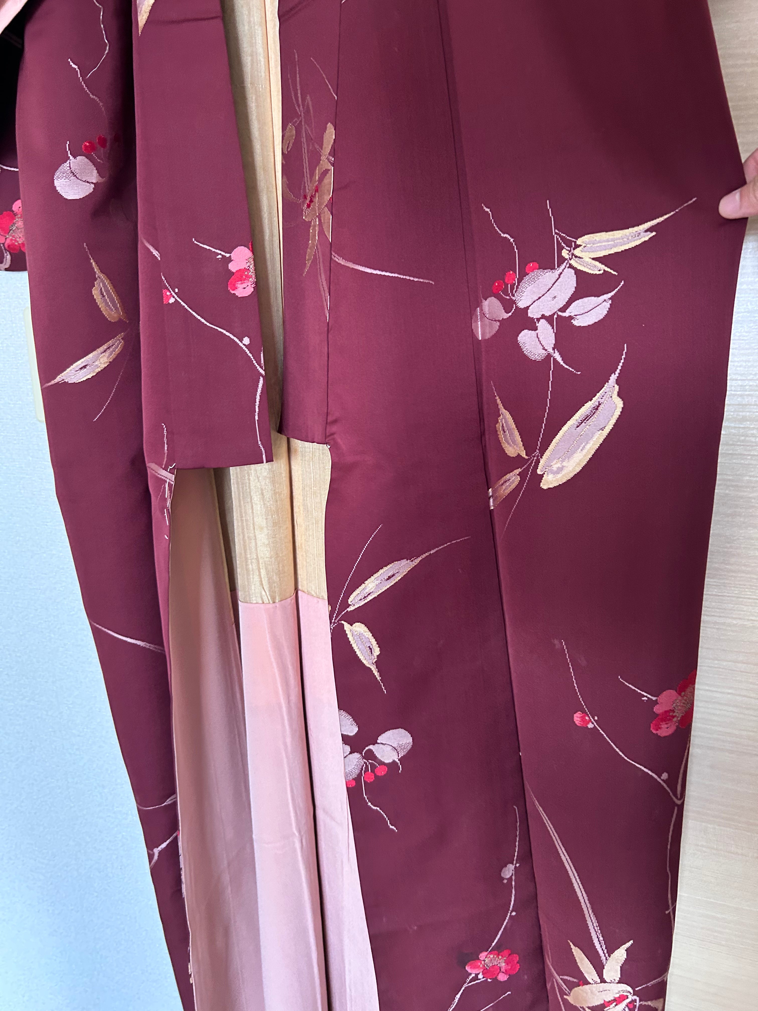 Vintage Japanese Kimono in Deep Burgundy with Delicate Floral & Leaf Motifs