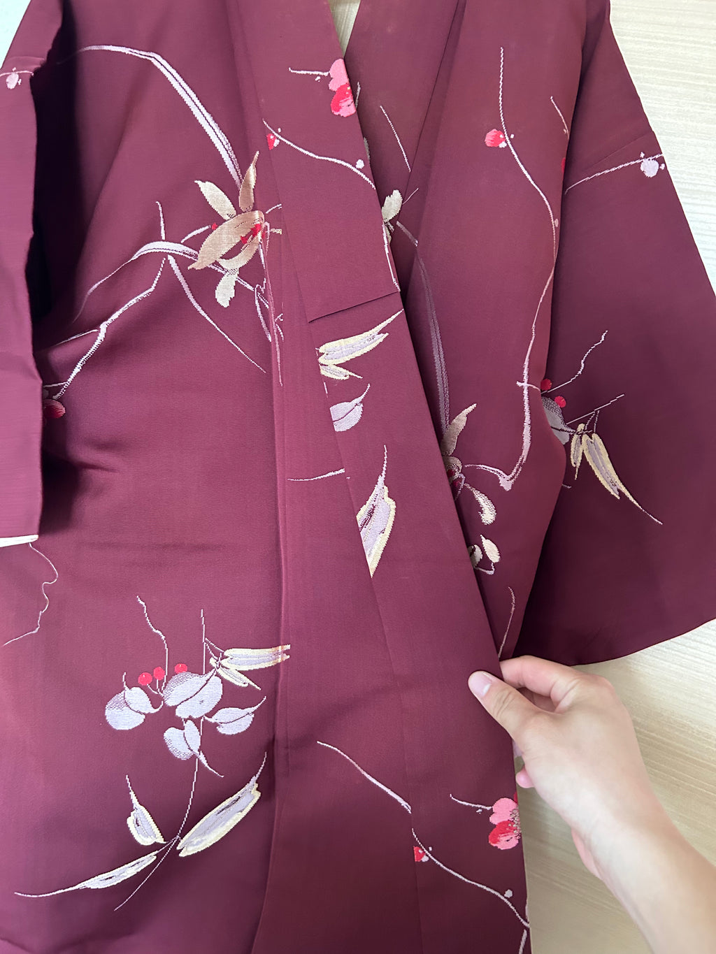 Vintage Japanese Kimono in Deep Burgundy with Delicate Floral & Leaf Motifs