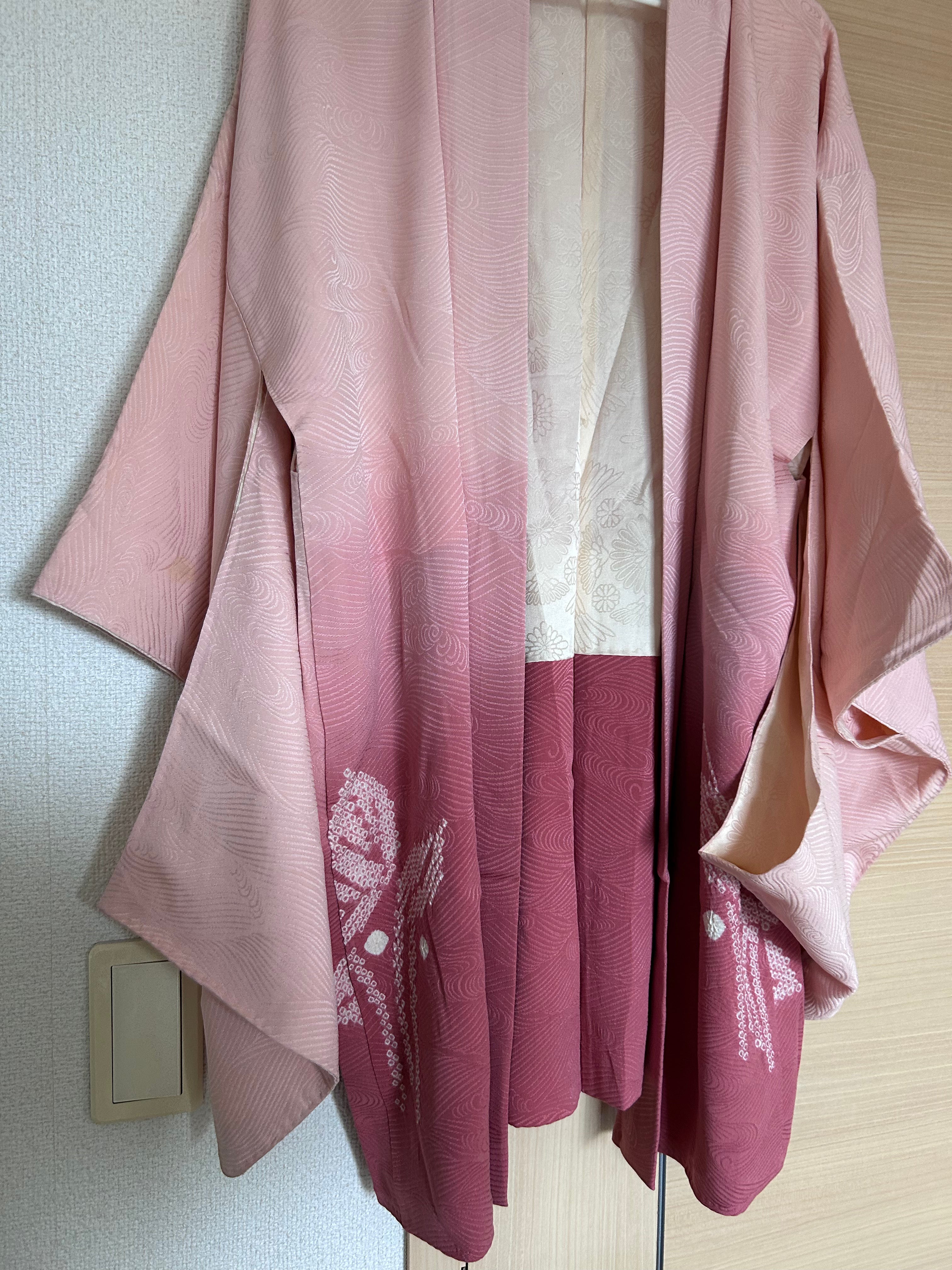 Vintage Japanese Haori in Soft Pink Gradient with Shibori Floral Design